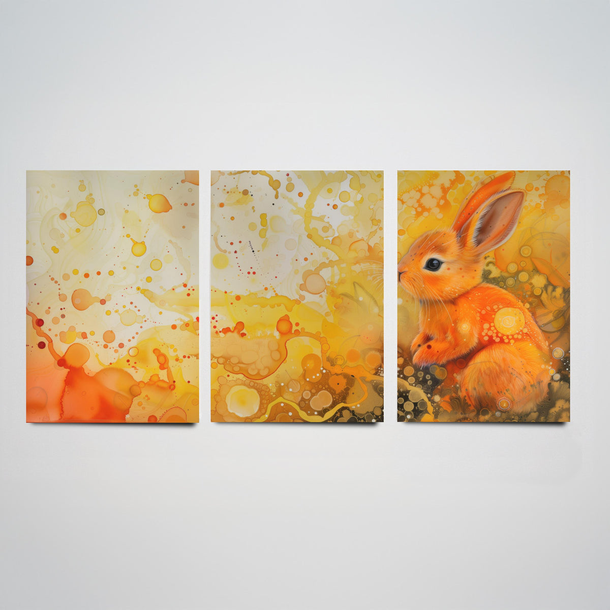 Bunny Set of Three Art Prints - 3 Glowing Rabbit Posters - Yellow Orange Watercolour Wall Art Gift Nursery Kids Cute Animal Decor