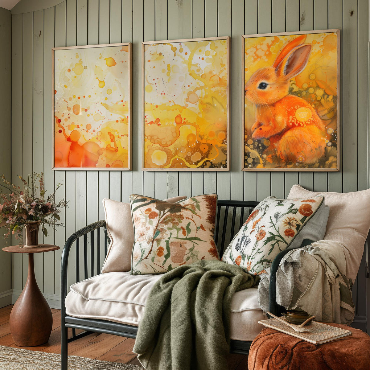 Bunny Set of Three Art Prints - 3 Glowing Rabbit Posters - Yellow Orange Watercolour Wall Art Gift Nursery Kids Cute Animal Decor
