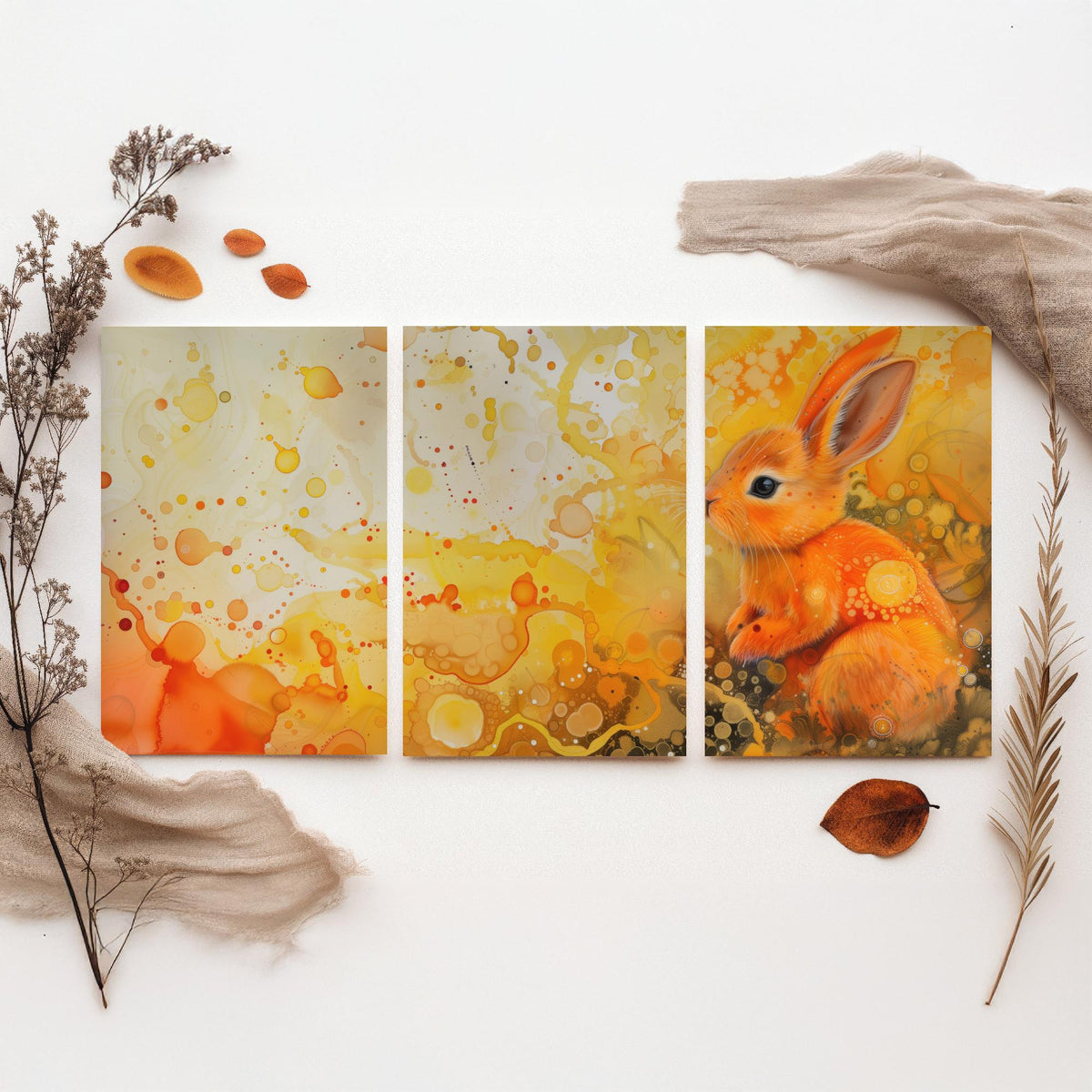 Bunny Set of Three Art Prints - 3 Glowing Rabbit Posters - Yellow Orange Watercolour Wall Art Gift Nursery Kids Cute Animal Decor