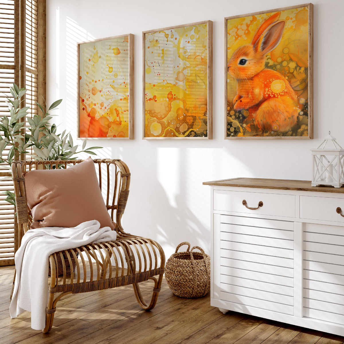 Bunny Set of Three Art Prints - 3 Glowing Rabbit Posters - Yellow Orange Watercolour Wall Art Gift Nursery Kids Cute Animal Decor