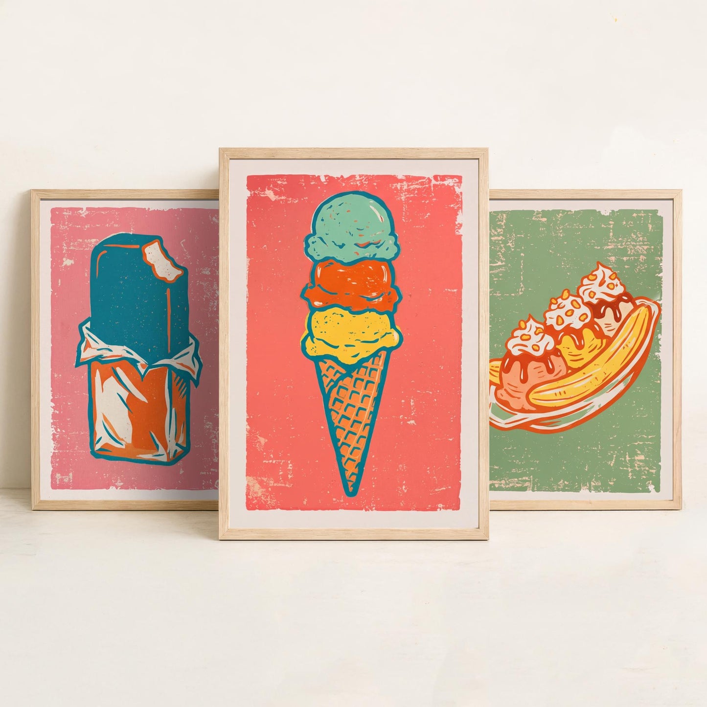 Set of Three Ice Cream Art Prints - Choc Ice, Banana Split, Three Scoops - Linocut Illustrations - Retro Triptych Posters V2