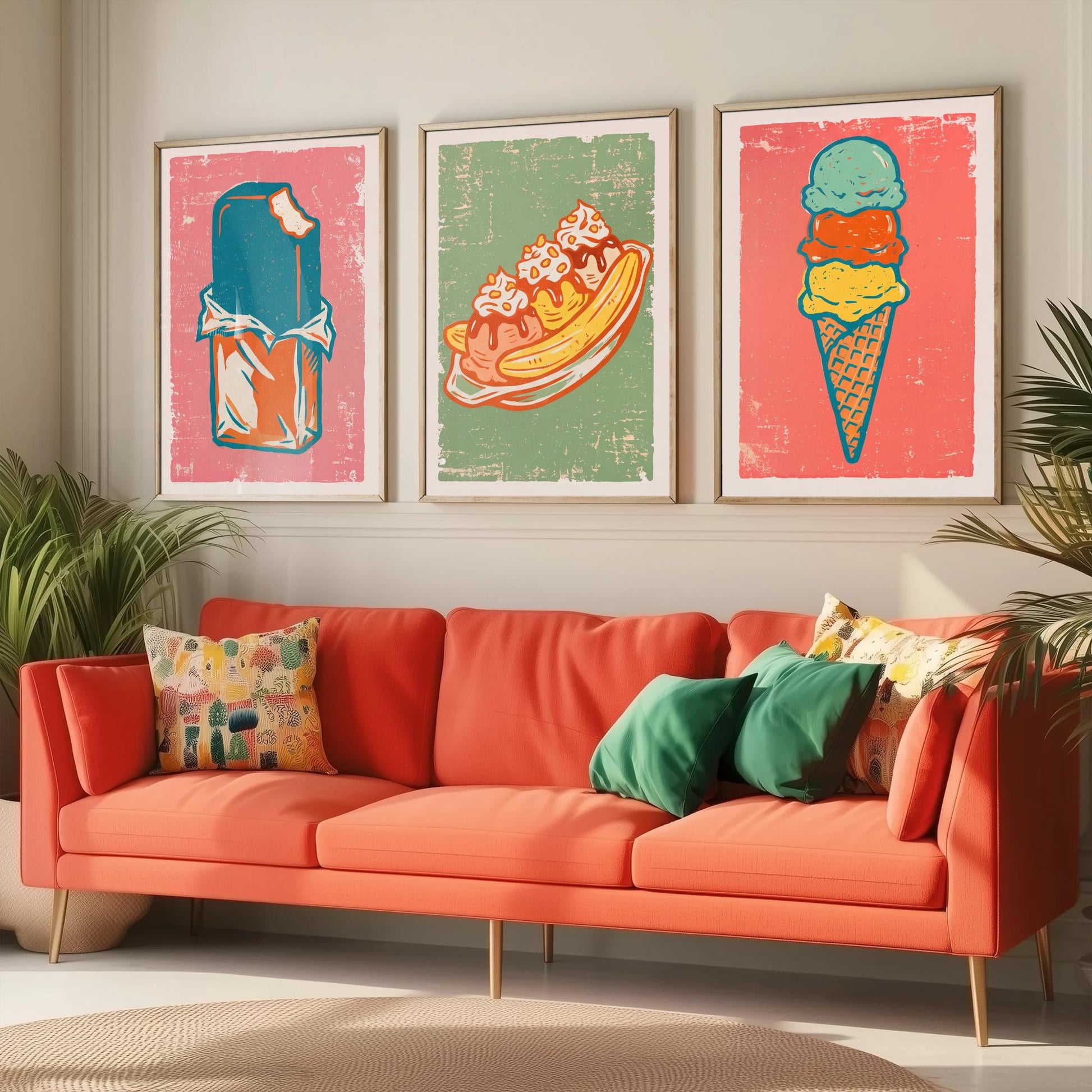 Set of Three Ice Cream Art Prints - Choc Ice, Banana Split, Three Scoops - Linocut Illustrations - Retro Triptych Posters V2