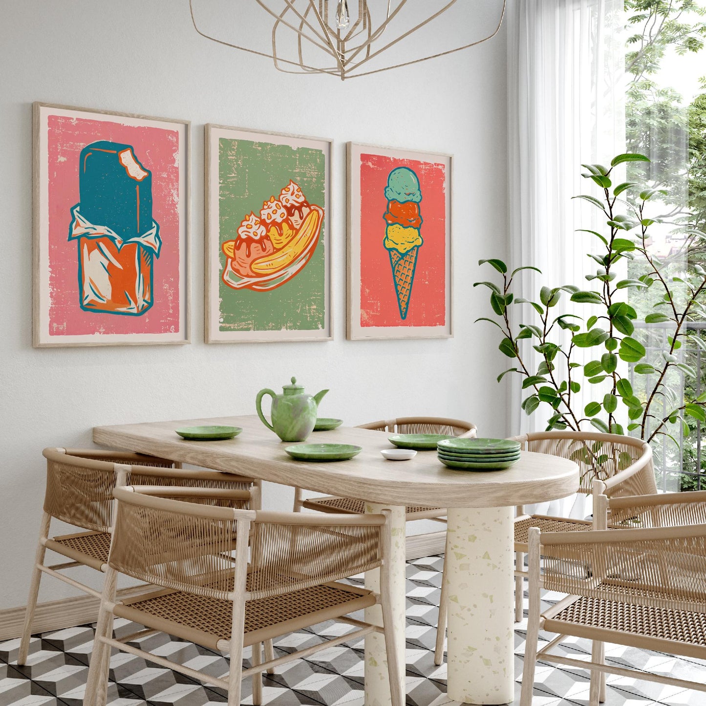 Set of Three Ice Cream Art Prints - Choc Ice, Banana Split, Three Scoops - Linocut Illustrations - Retro Triptych Posters V2