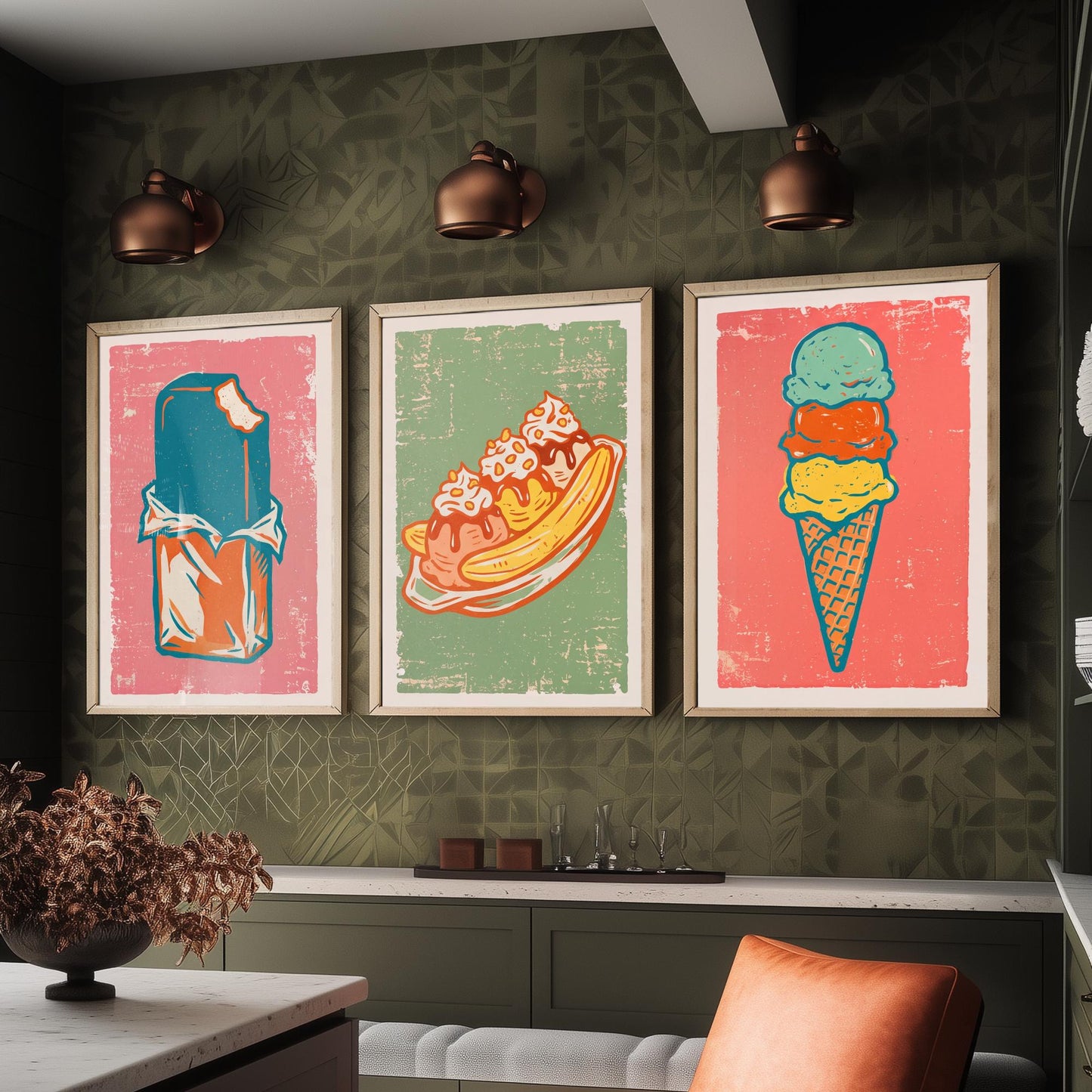 Set of Three Ice Cream Art Prints - Choc Ice, Banana Split, Three Scoops - Linocut Illustrations - Retro Triptych Posters V2