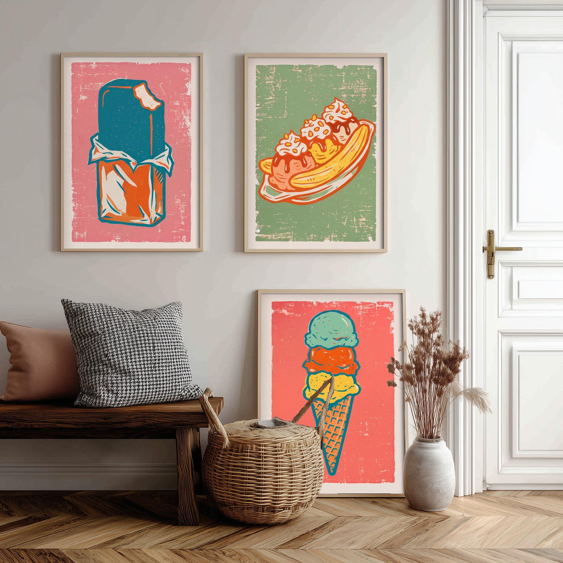 Set of Three Ice Cream Art Prints - Choc Ice, Banana Split, Three Scoops - Linocut Illustrations - Retro Triptych Posters V2