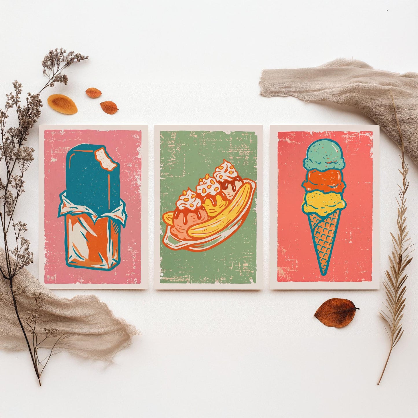 Set of Three Ice Cream Art Prints - Choc Ice, Banana Split, Three Scoops - Linocut Illustrations - Retro Triptych Posters V2