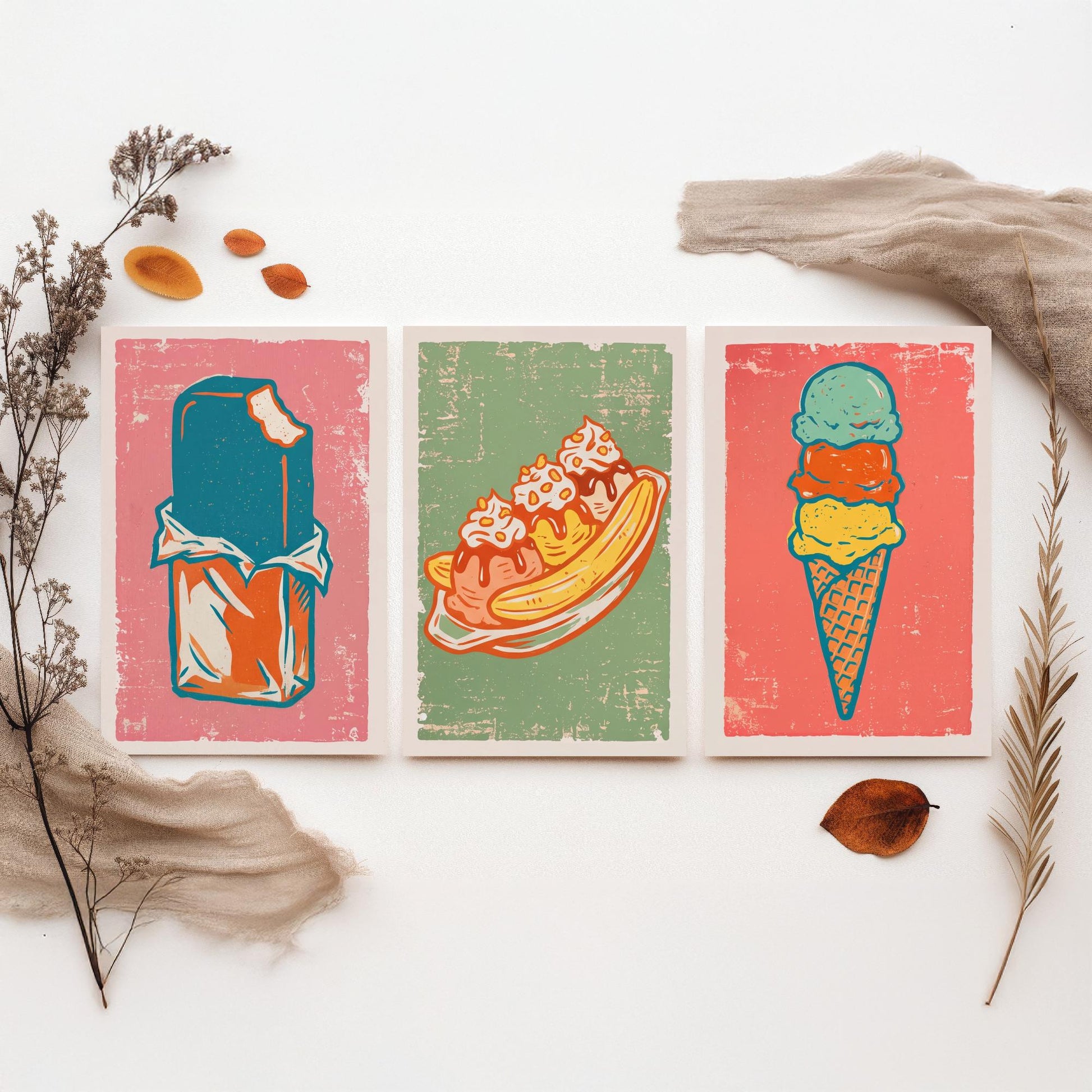 Set of Three Ice Cream Art Prints - Choc Ice, Banana Split, Three Scoops - Linocut Illustrations - Retro Triptych Posters V2