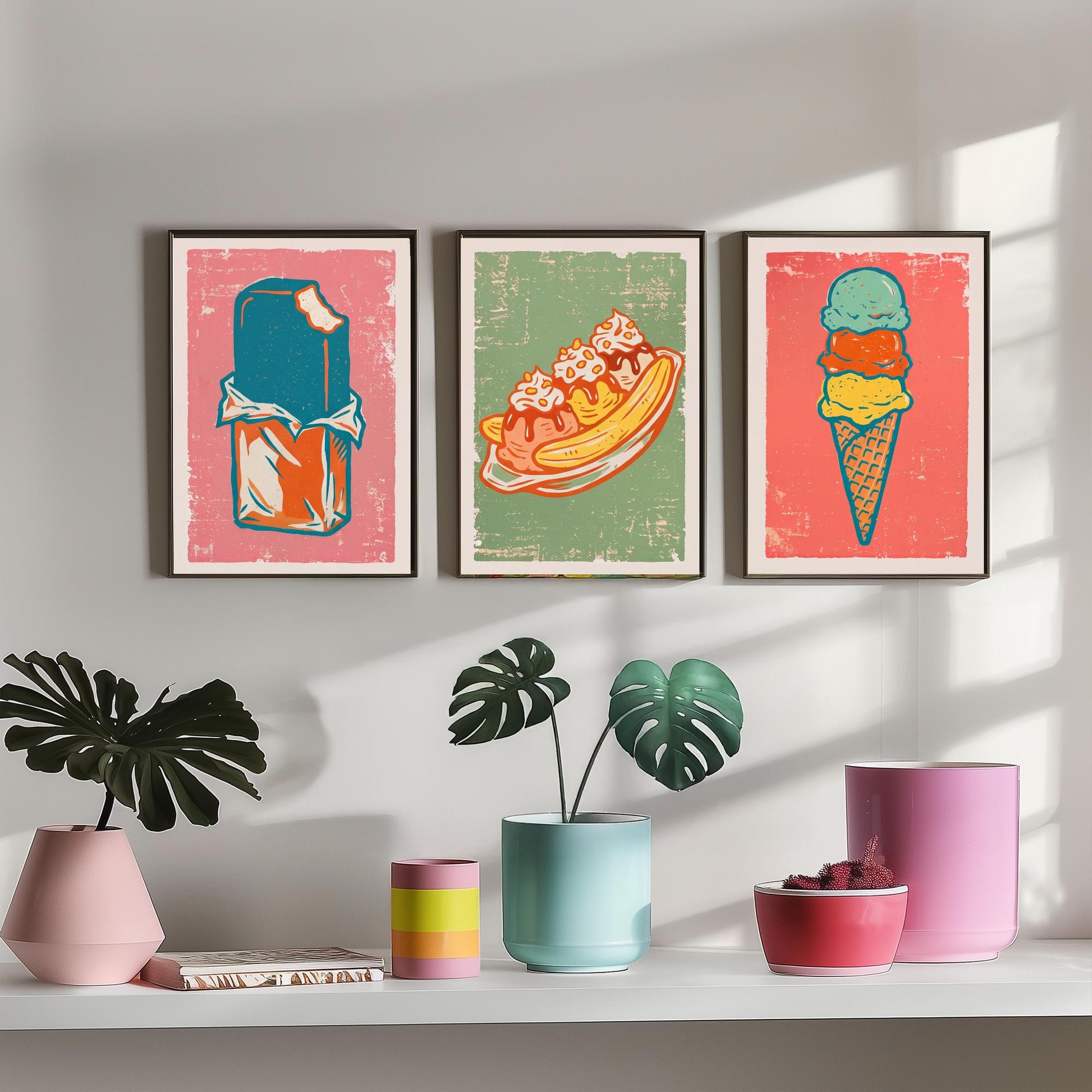 Set of Three Ice Cream Art Prints - Choc Ice, Banana Split, Three Scoops - Linocut Illustrations - Retro Triptych Posters V2