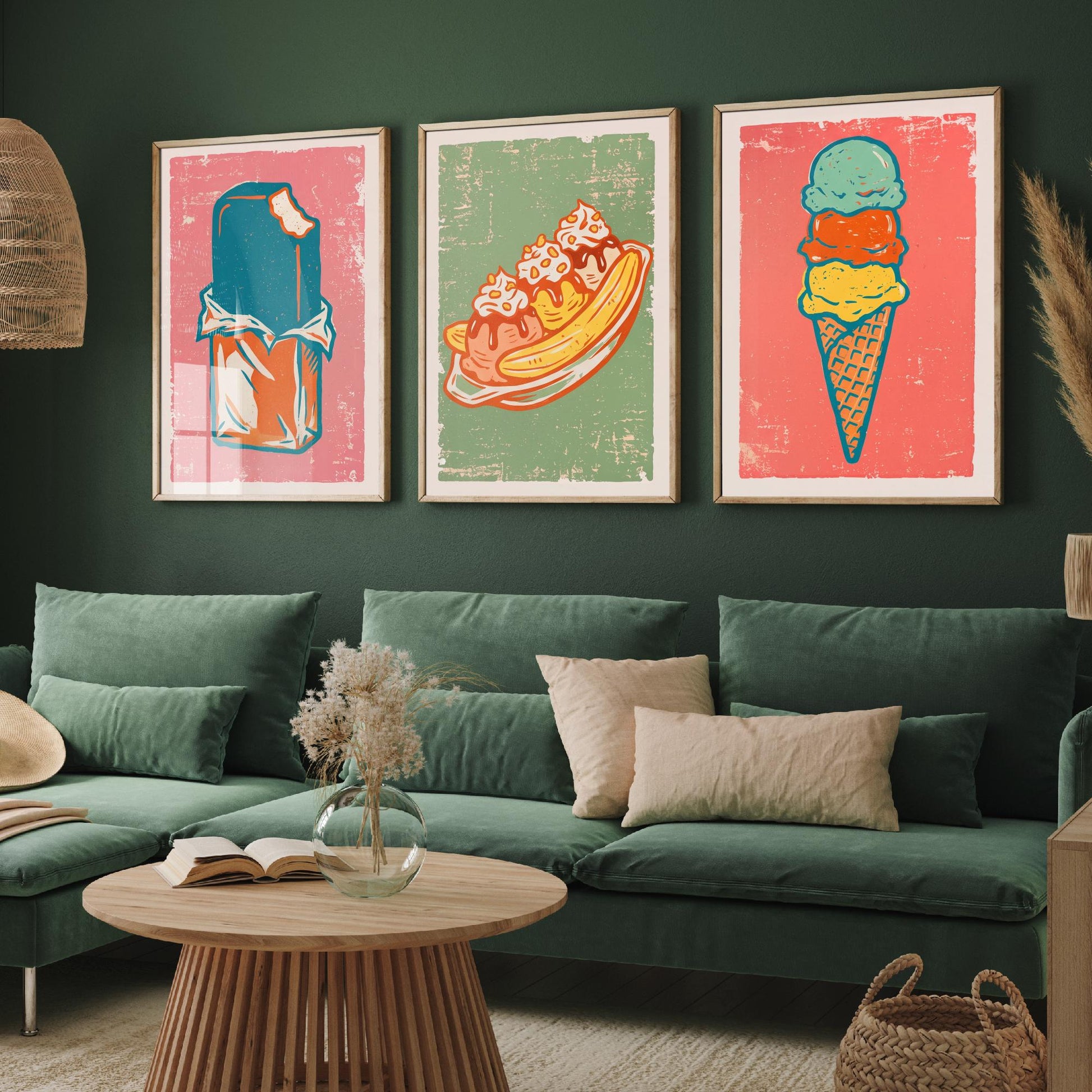 Set of Three Ice Cream Art Prints - Choc Ice, Banana Split, Three Scoops - Linocut Illustrations - Retro Triptych Posters V2