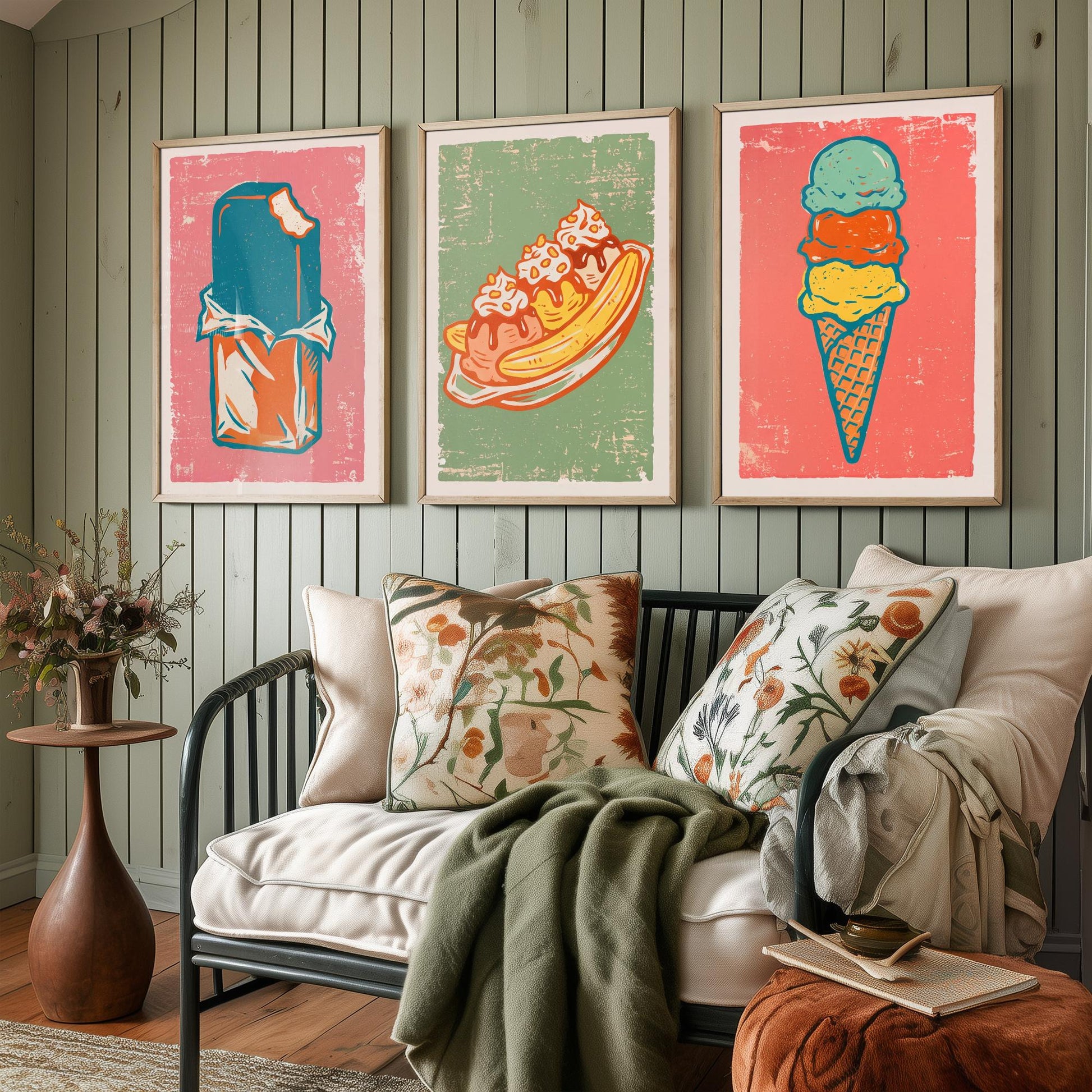Set of Three Ice Cream Art Prints - Choc Ice, Banana Split, Three Scoops - Linocut Illustrations - Retro Triptych Posters V2