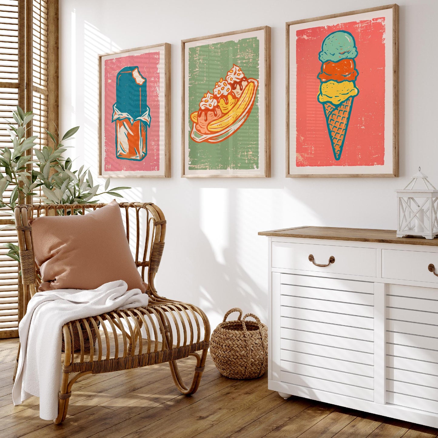 Set of Three Ice Cream Art Prints - Choc Ice, Banana Split, Three Scoops - Linocut Illustrations - Retro Triptych Posters V2