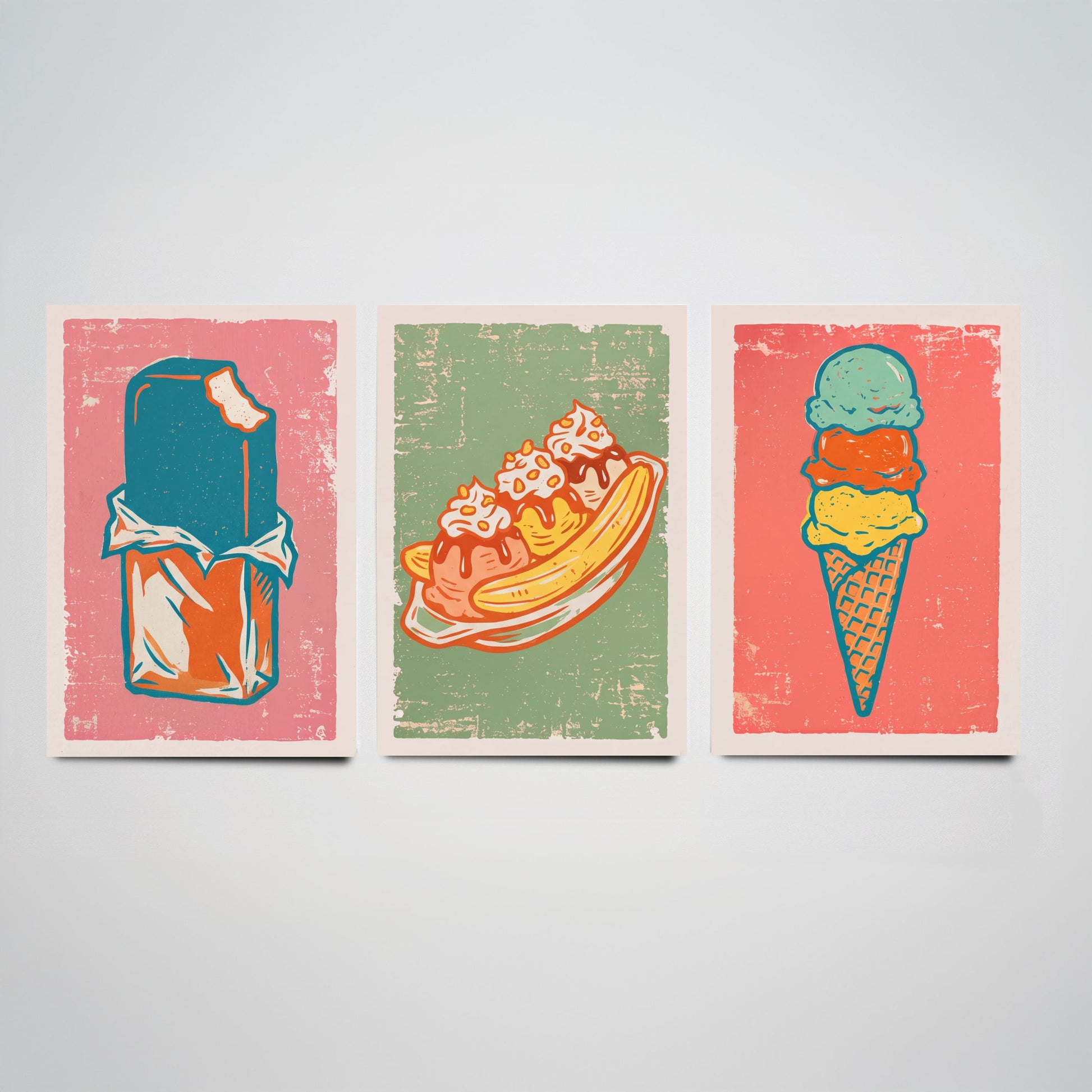 Set of Three Ice Cream Art Prints - Choc Ice, Banana Split, Three Scoops - Linocut Illustrations - Retro Triptych Posters V2