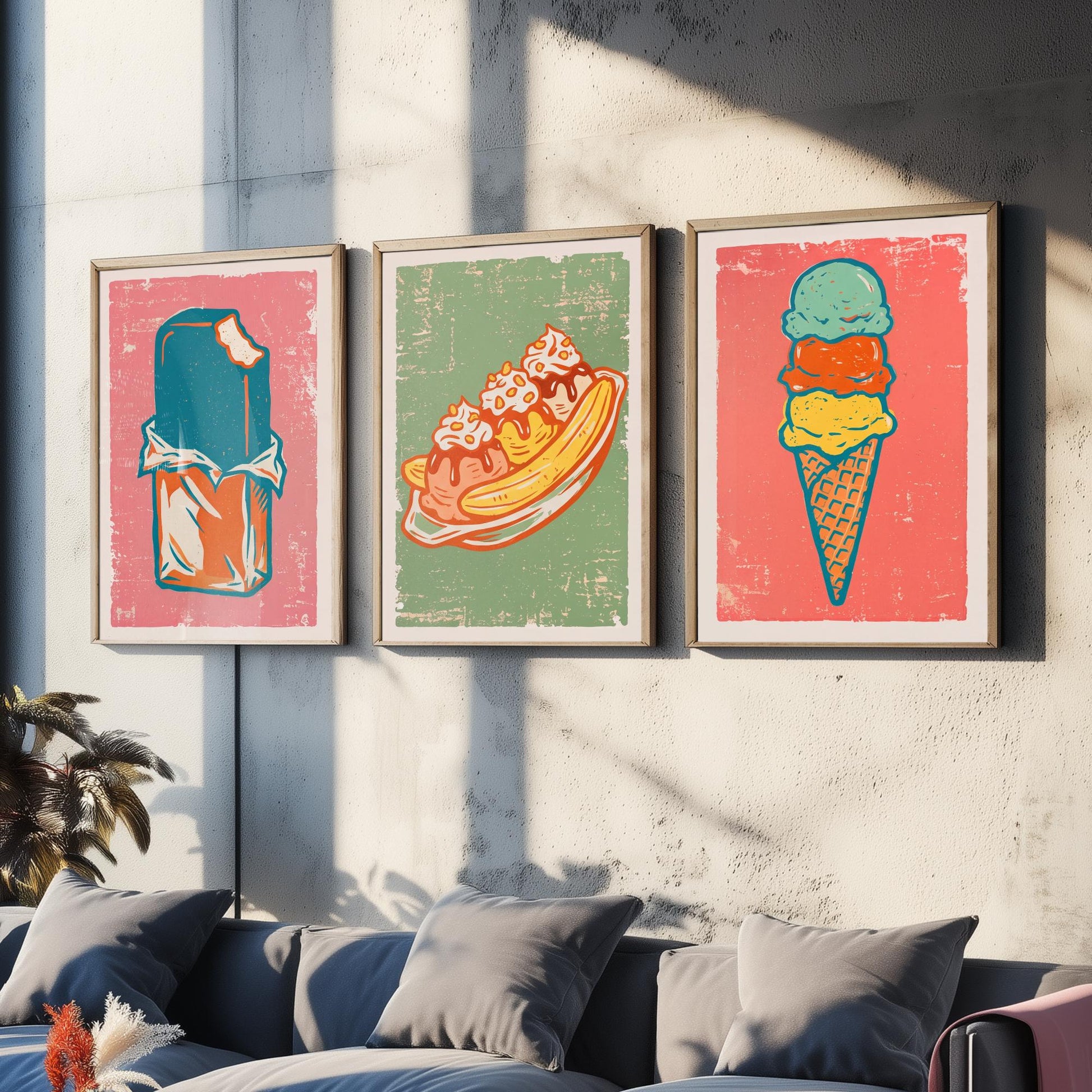 Set of Three Ice Cream Art Prints - Choc Ice, Banana Split, Three Scoops - Linocut Illustrations - Retro Triptych Posters V2