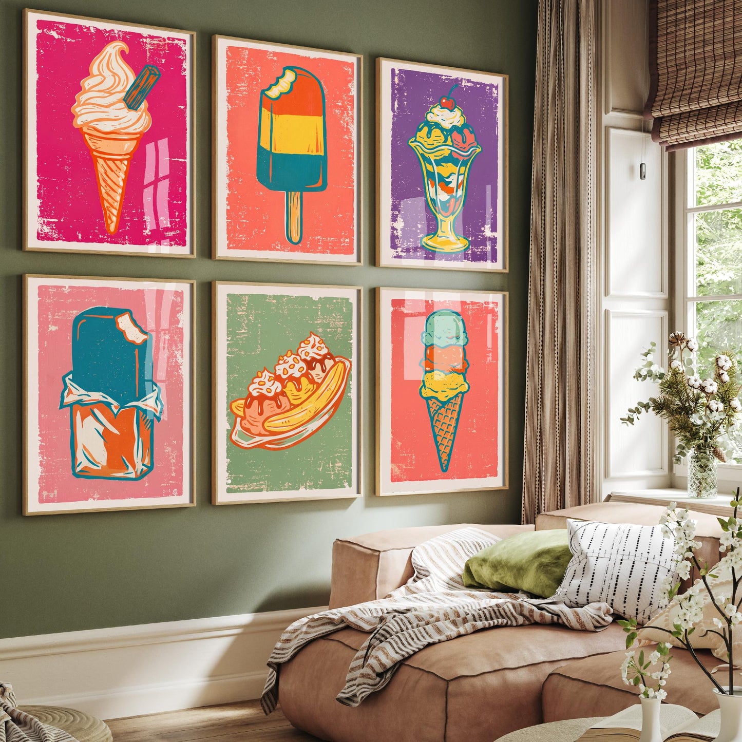 Set of Six Ice Cream Linocut Art Prints - 6 Retro Sweet Illustrations - Soft Serve Cone, Ice Lolly, Sundae, Choc Ice, Banana Split Posters
