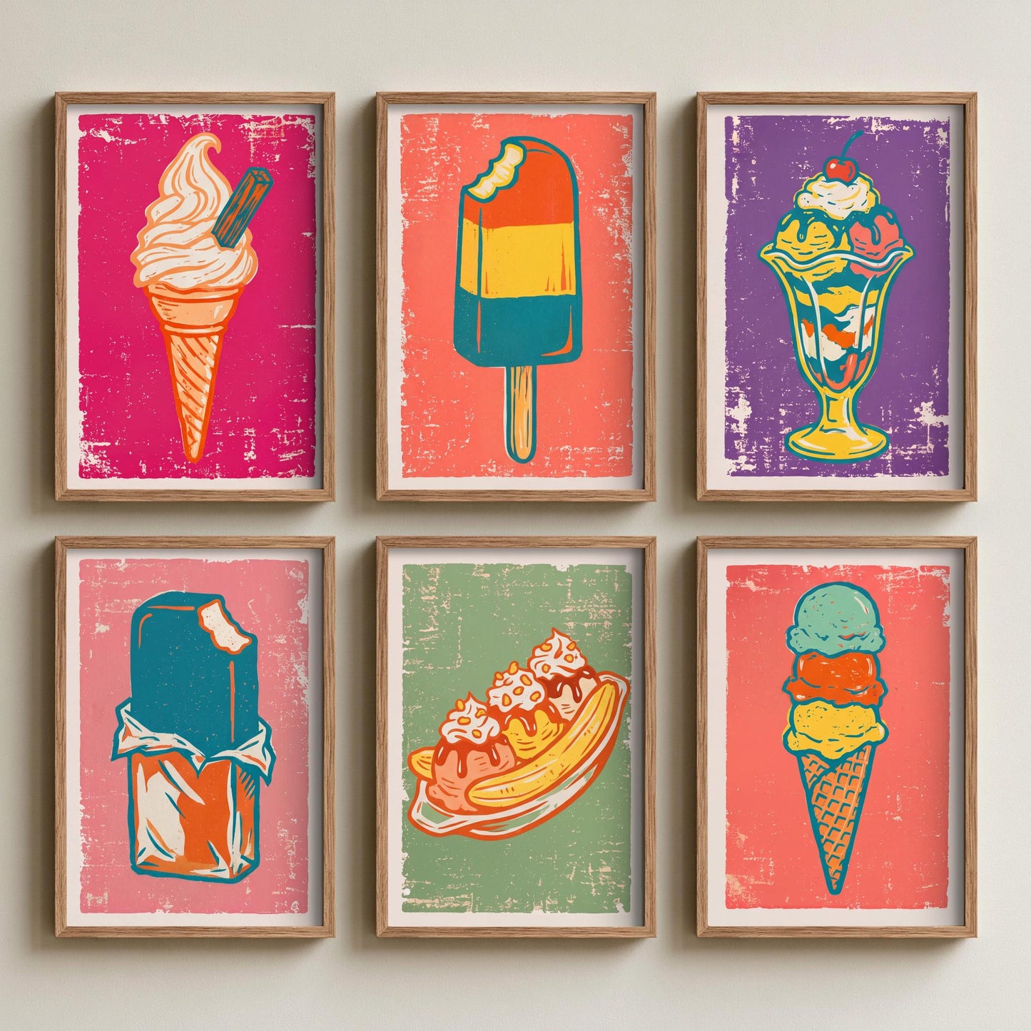 Set of Six Ice Cream Linocut Art Prints - 6 Retro Sweet Illustrations - Soft Serve Cone, Ice Lolly, Sundae, Choc Ice, Banana Split Posters