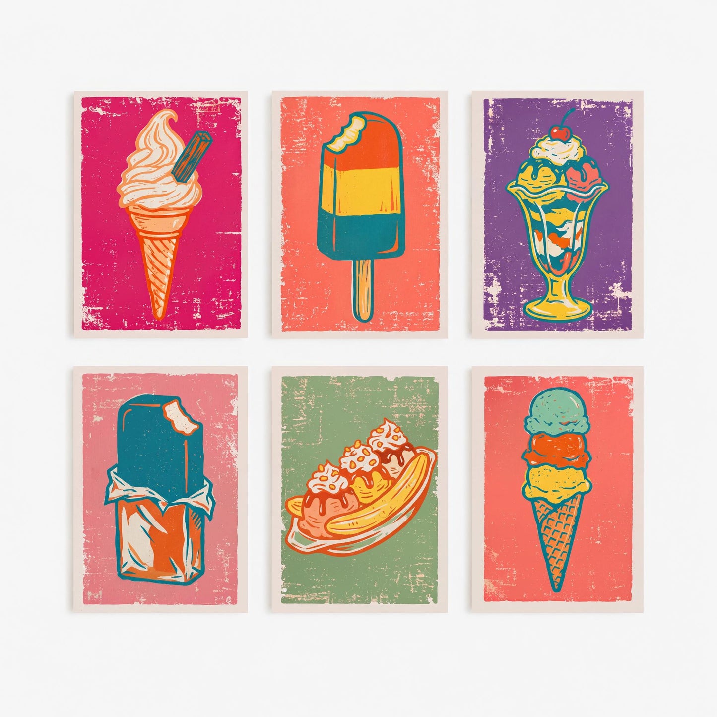 Set of Six Ice Cream Linocut Art Prints - 6 Retro Sweet Illustrations - Soft Serve Cone, Ice Lolly, Sundae, Choc Ice, Banana Split Posters