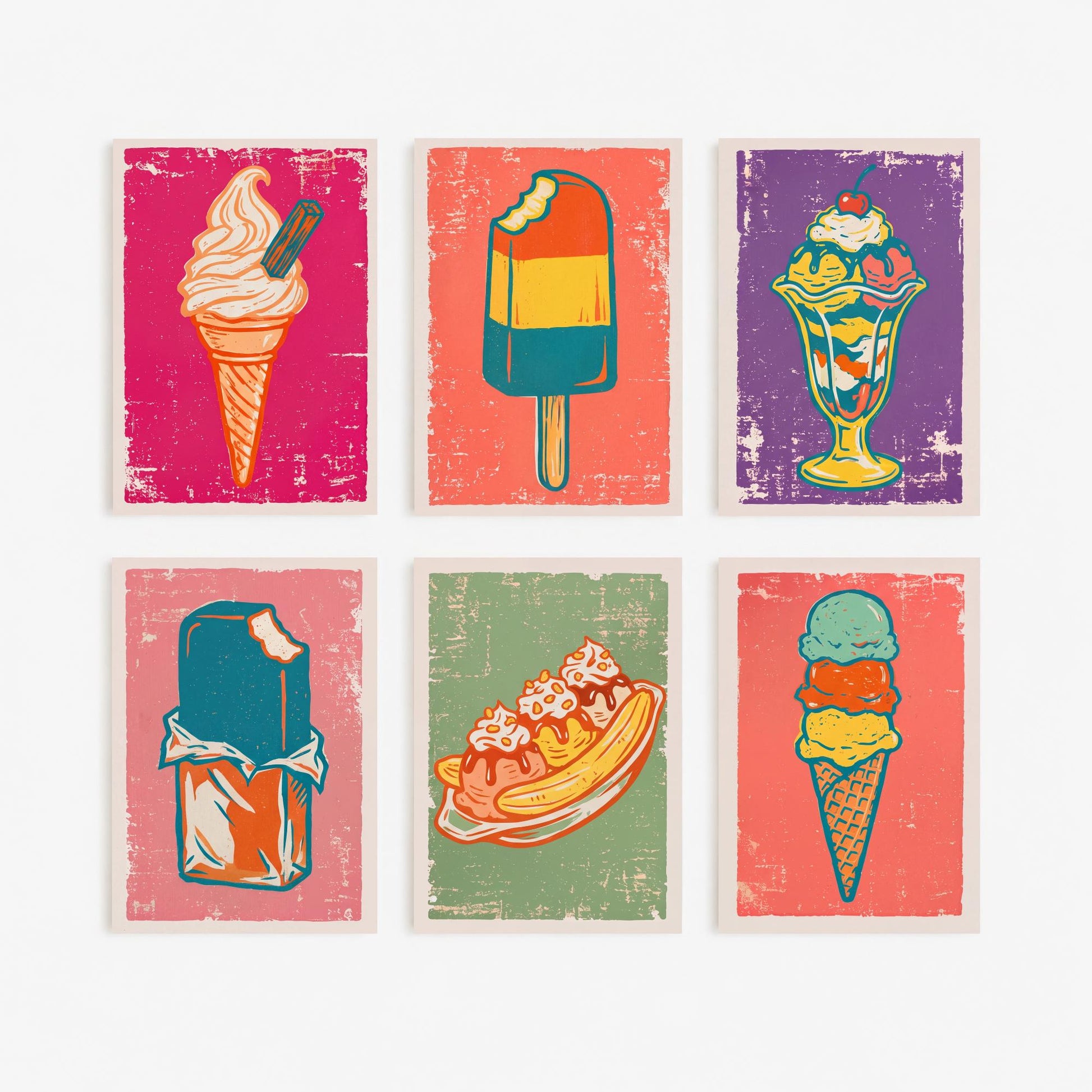 Set of Six Ice Cream Linocut Art Prints - 6 Retro Sweet Illustrations - Soft Serve Cone, Ice Lolly, Sundae, Choc Ice, Banana Split Posters