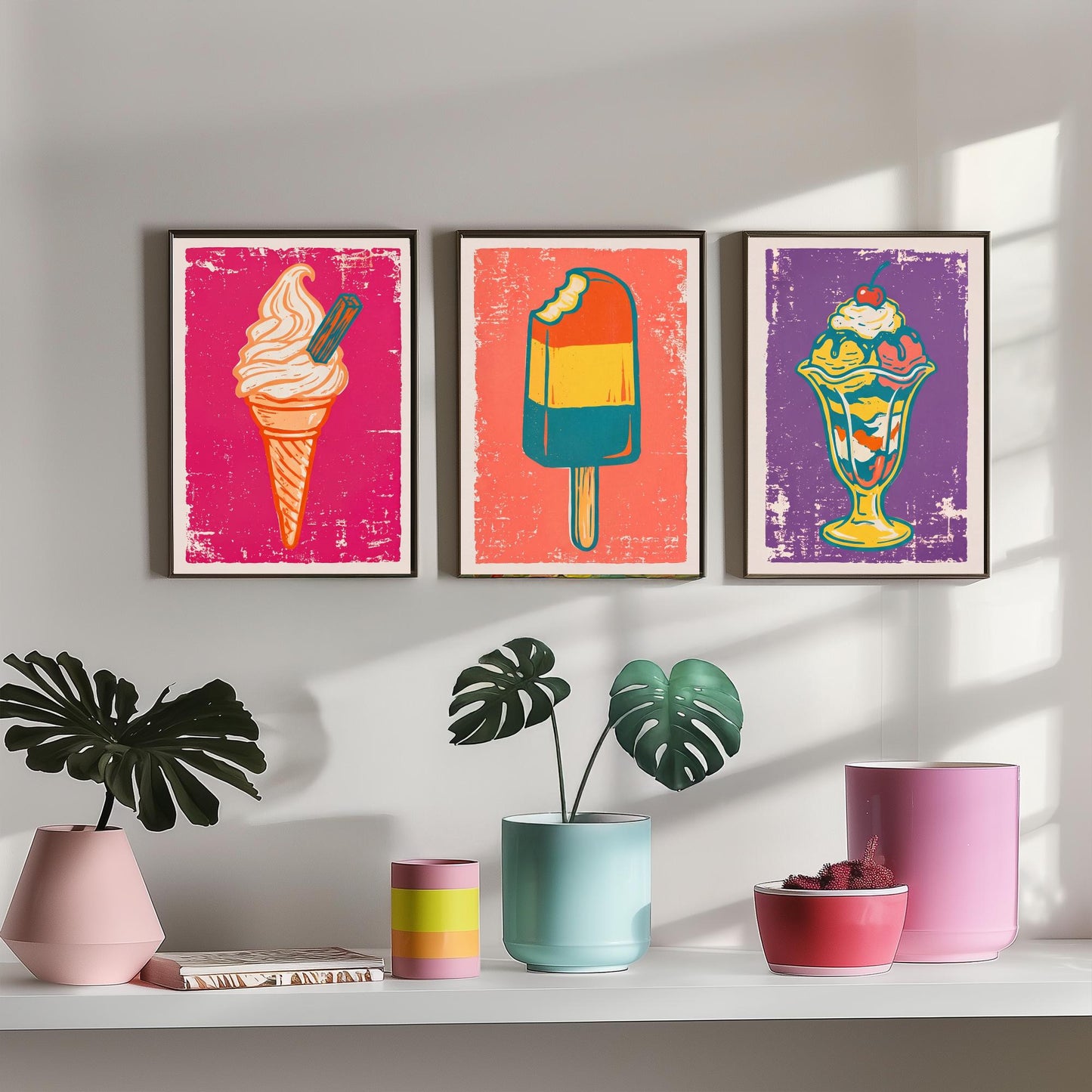 Set of Three Ice Cream Art Prints - Soft Serve Cone, Ice Lolly, Sundae - Linocut Illustrations - Retro Triptych Posters V1