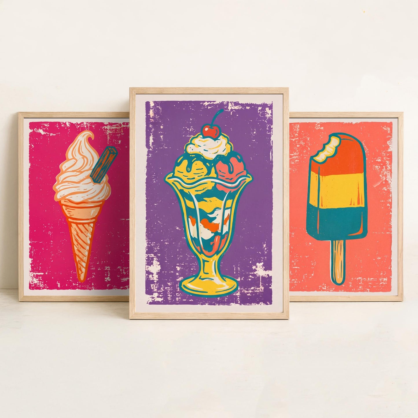 Set of Three Ice Cream Art Prints - Soft Serve Cone, Ice Lolly, Sundae - Linocut Illustrations - Retro Triptych Posters V1