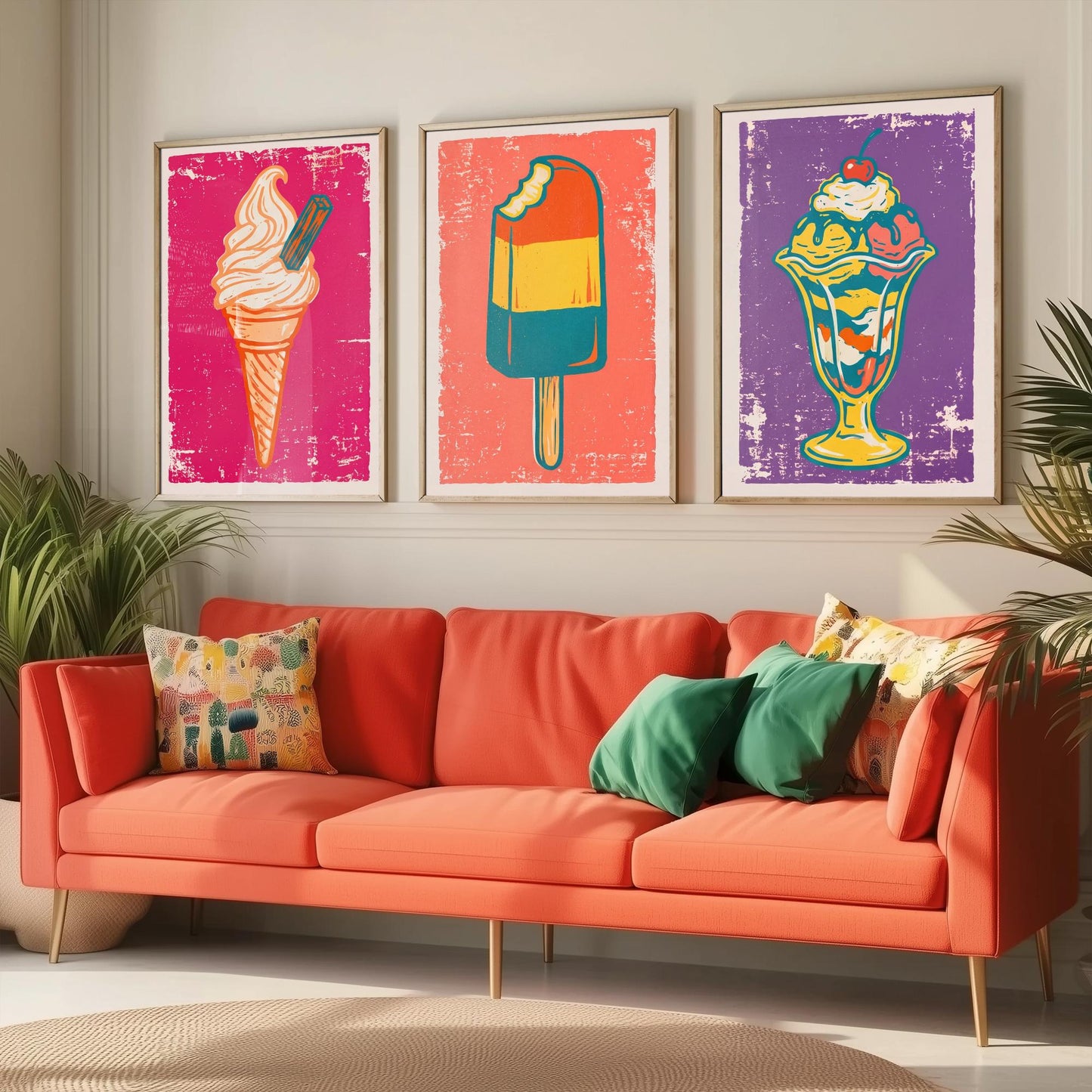 Set of Three Ice Cream Art Prints - Soft Serve Cone, Ice Lolly, Sundae - Linocut Illustrations - Retro Triptych Posters V1