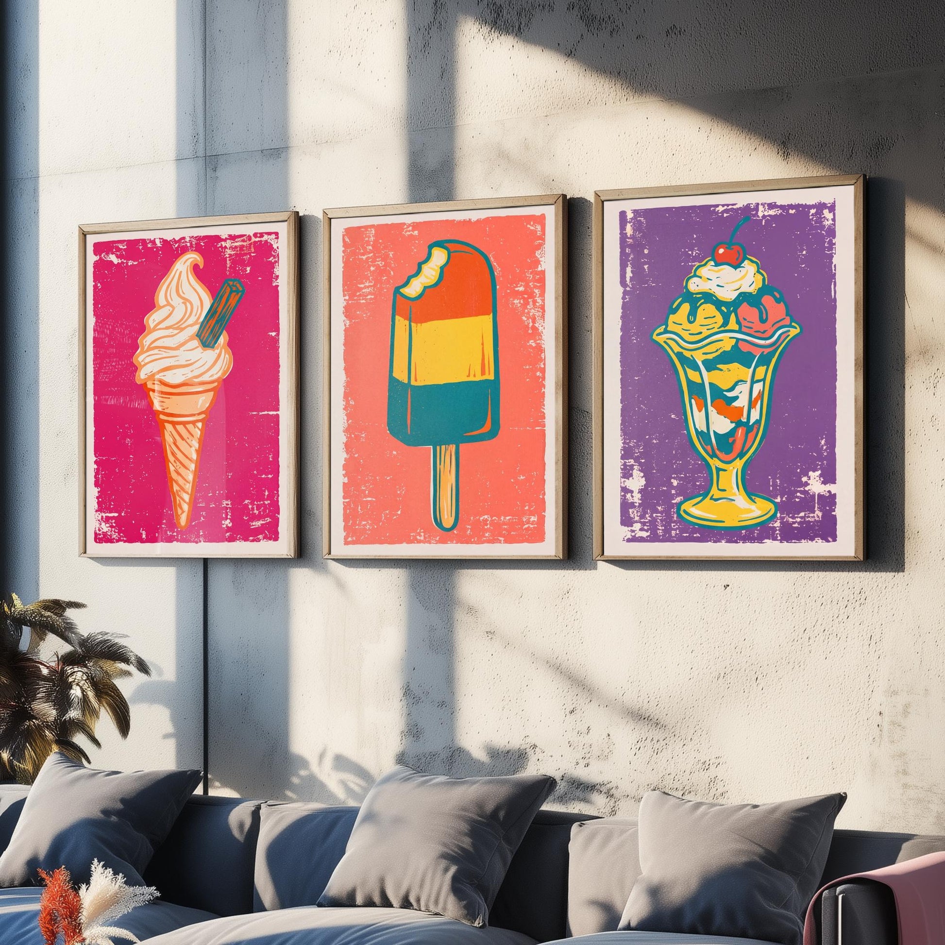 Set of Three Ice Cream Art Prints - Soft Serve Cone, Ice Lolly, Sundae - Linocut Illustrations - Retro Triptych Posters V1