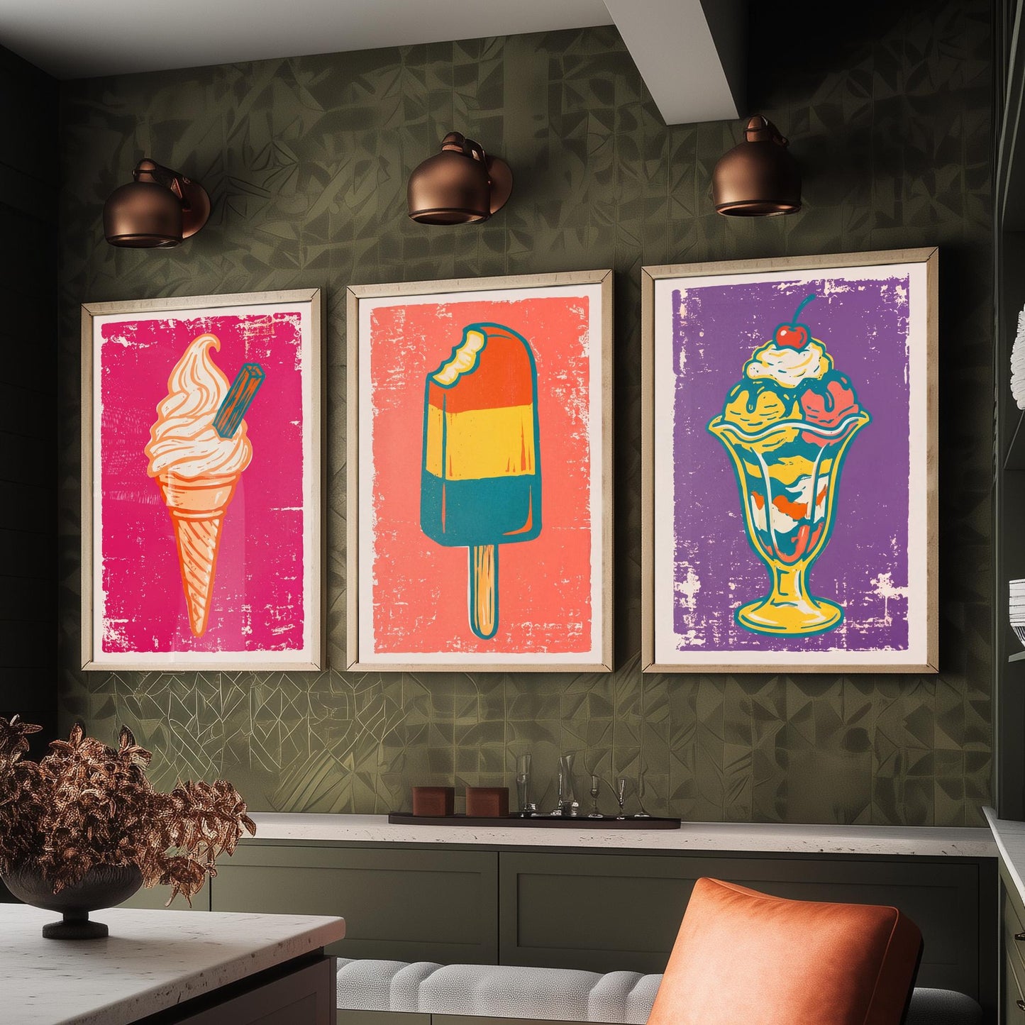 Set of Three Ice Cream Art Prints - Soft Serve Cone, Ice Lolly, Sundae - Linocut Illustrations - Retro Triptych Posters V1