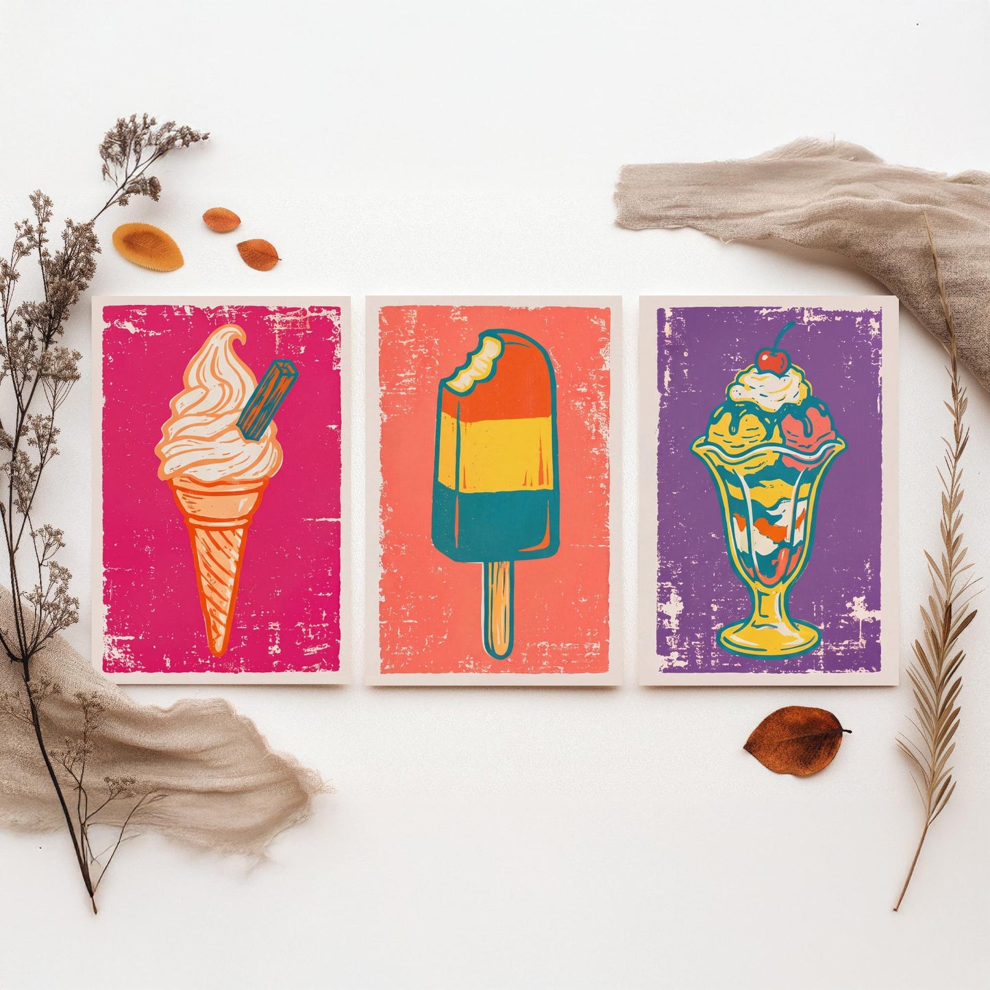 Set of Three Ice Cream Art Prints - Soft Serve Cone, Ice Lolly, Sundae - Linocut Illustrations - Retro Triptych Posters V1