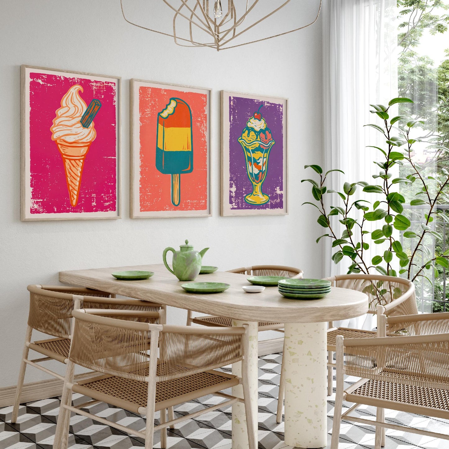 Set of Three Ice Cream Art Prints - Soft Serve Cone, Ice Lolly, Sundae - Linocut Illustrations - Retro Triptych Posters V1