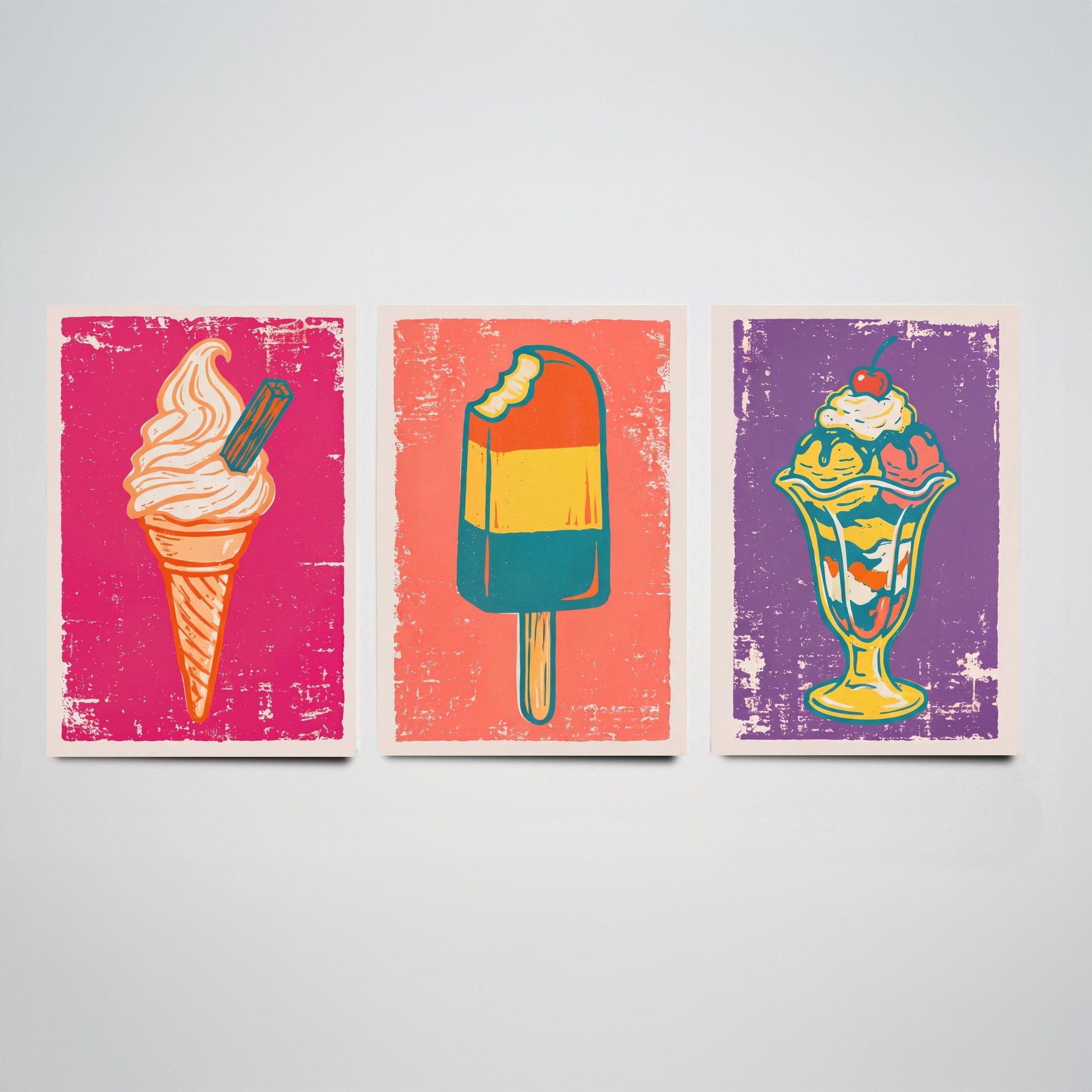 Set of Three Ice Cream Art Prints - Soft Serve Cone, Ice Lolly, Sundae - Linocut Illustrations - Retro Triptych Posters V1