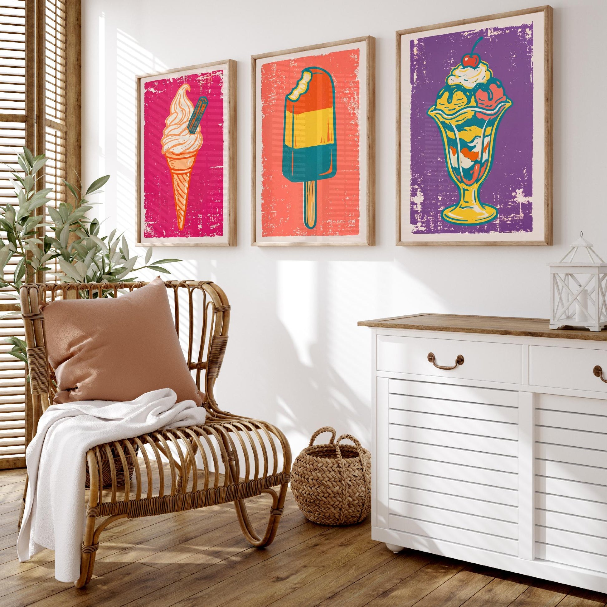 Set of Three Ice Cream Art Prints - Soft Serve Cone, Ice Lolly, Sundae - Linocut Illustrations - Retro Triptych Posters V1