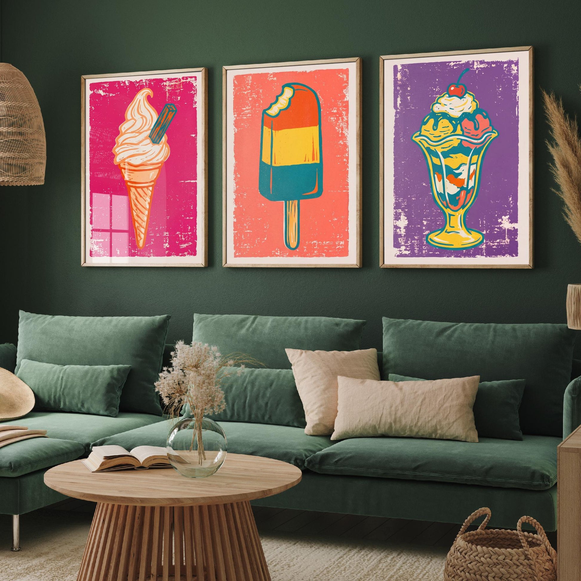 Set of Three Ice Cream Art Prints - Soft Serve Cone, Ice Lolly, Sundae - Linocut Illustrations - Retro Triptych Posters V1