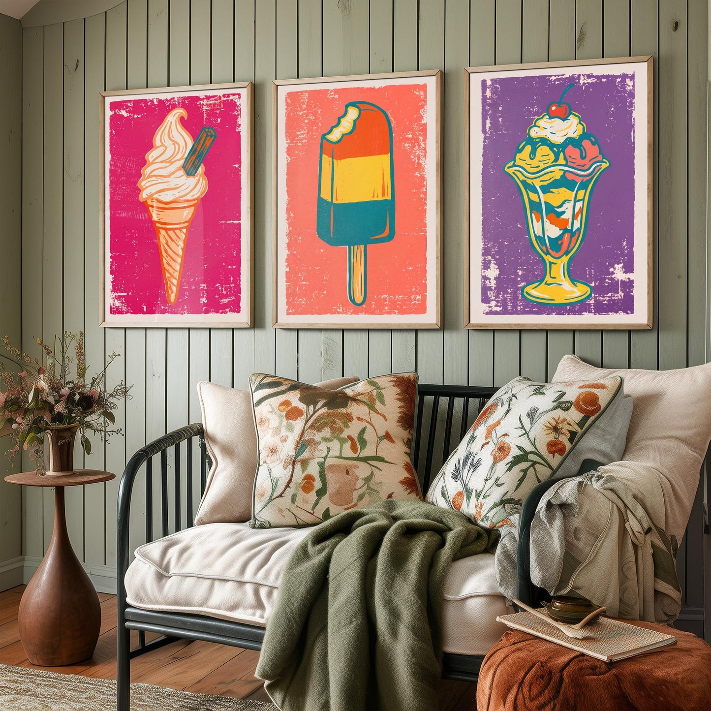 Set of Three Ice Cream Art Prints - Soft Serve Cone, Ice Lolly, Sundae - Linocut Illustrations - Retro Triptych Posters V1