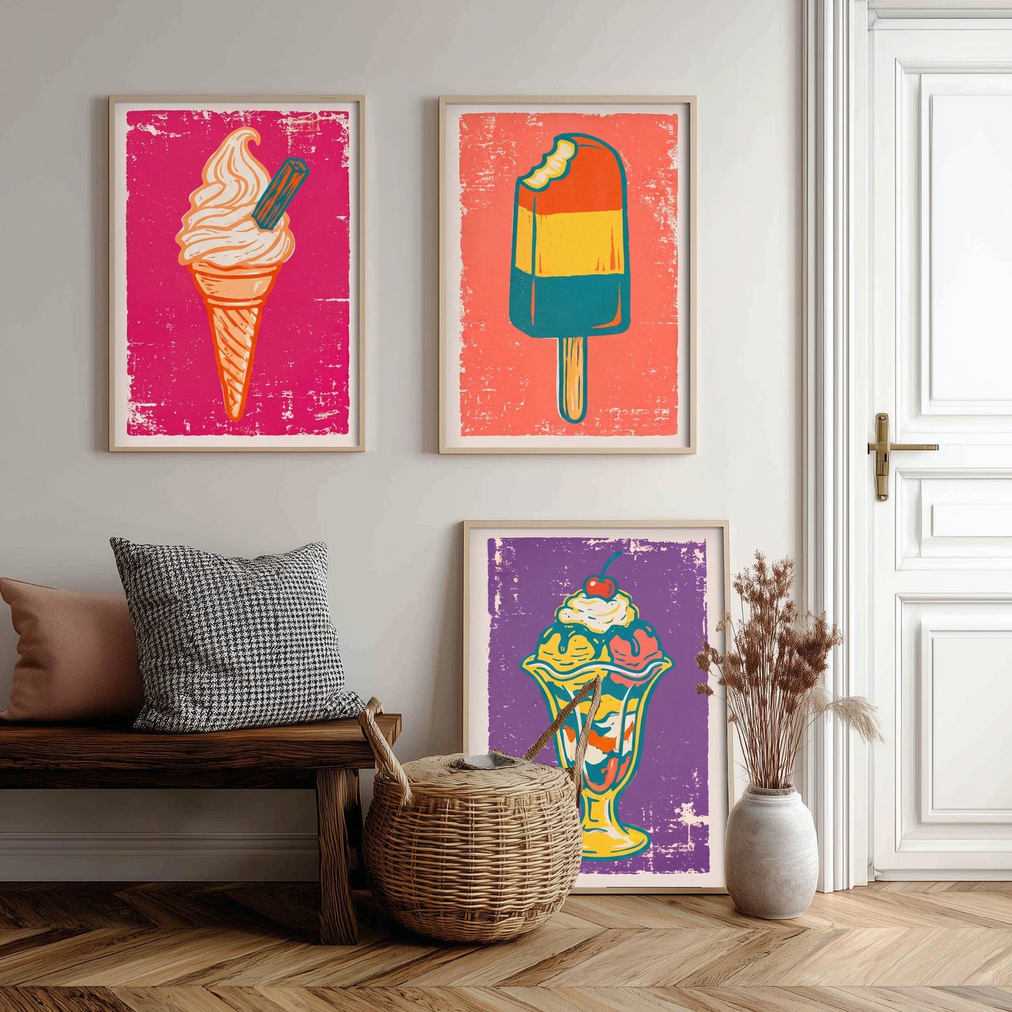 Set of Three Ice Cream Art Prints - Soft Serve Cone, Ice Lolly, Sundae - Linocut Illustrations - Retro Triptych Posters V1