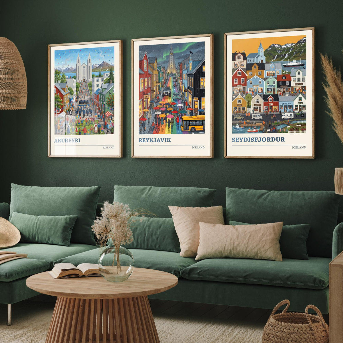 Iceland Set of Three Art Prints - Akureyri, Reykjavik, Seydisfjordur - 3 Colourful Folk Illustration Travel Posters - Nordic Painting