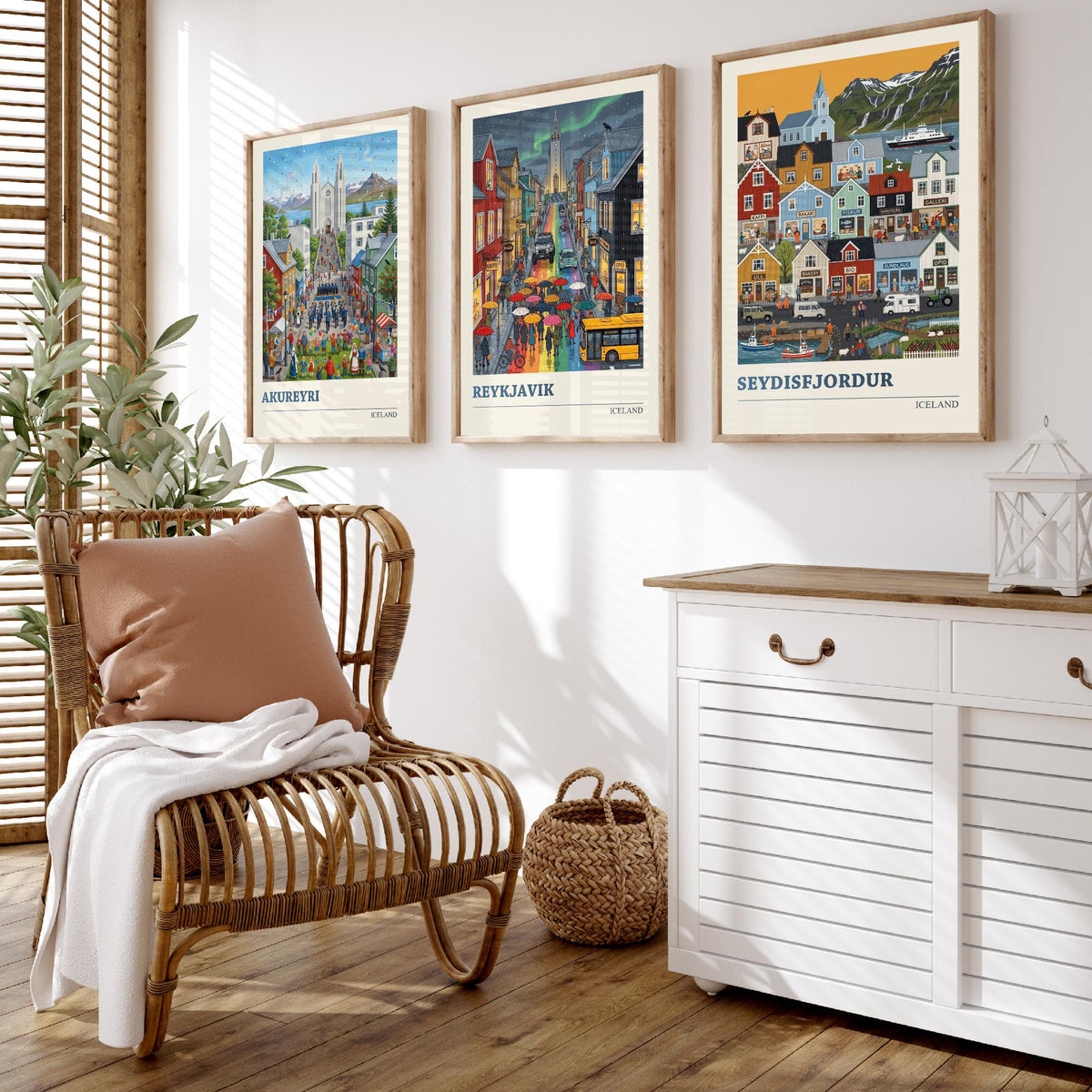 Iceland Set of Three Art Prints - Akureyri, Reykjavik, Seydisfjordur - 3 Colourful Folk Illustration Travel Posters - Nordic Painting