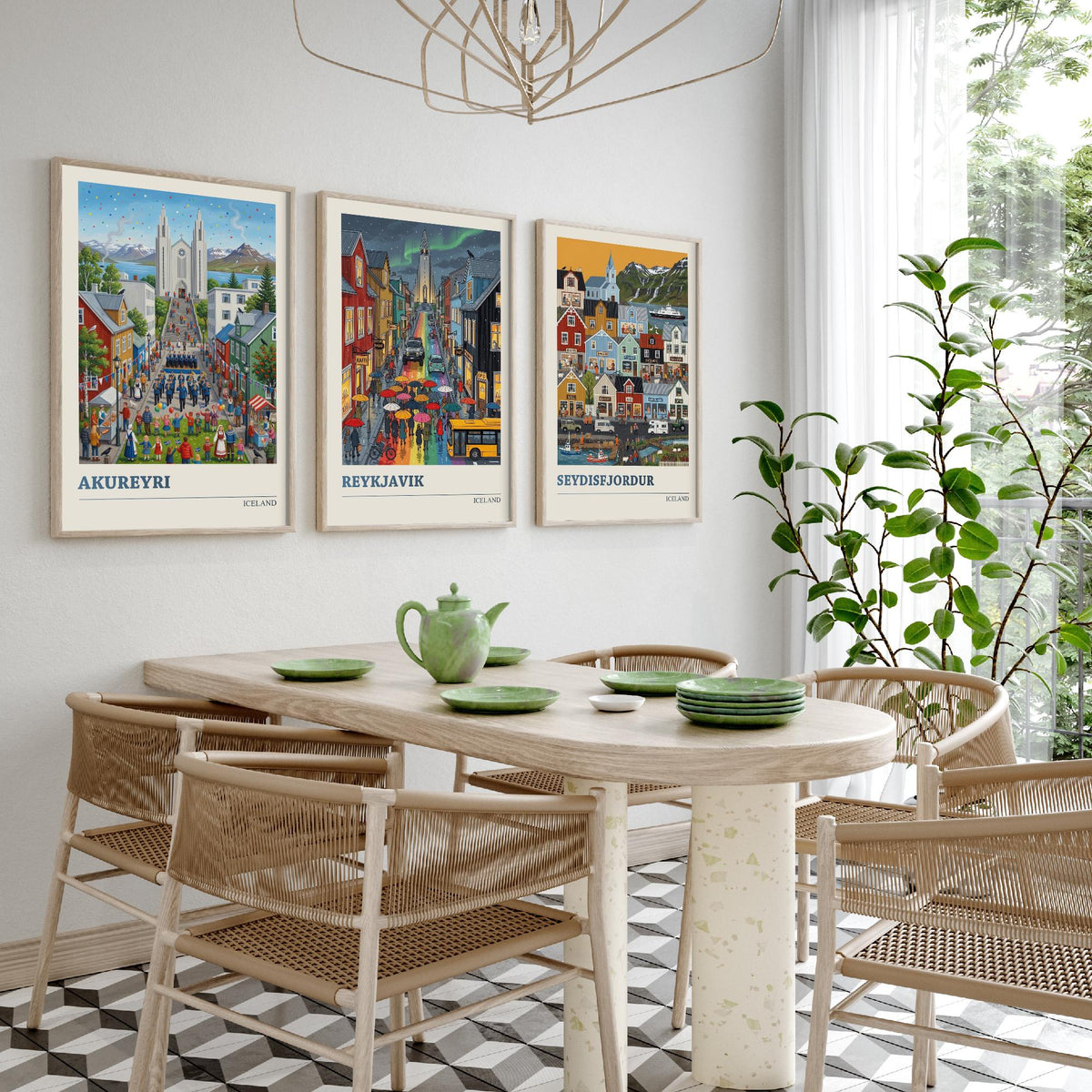 Iceland Set of Three Art Prints - Akureyri, Reykjavik, Seydisfjordur - 3 Colourful Folk Illustration Travel Posters - Nordic Painting