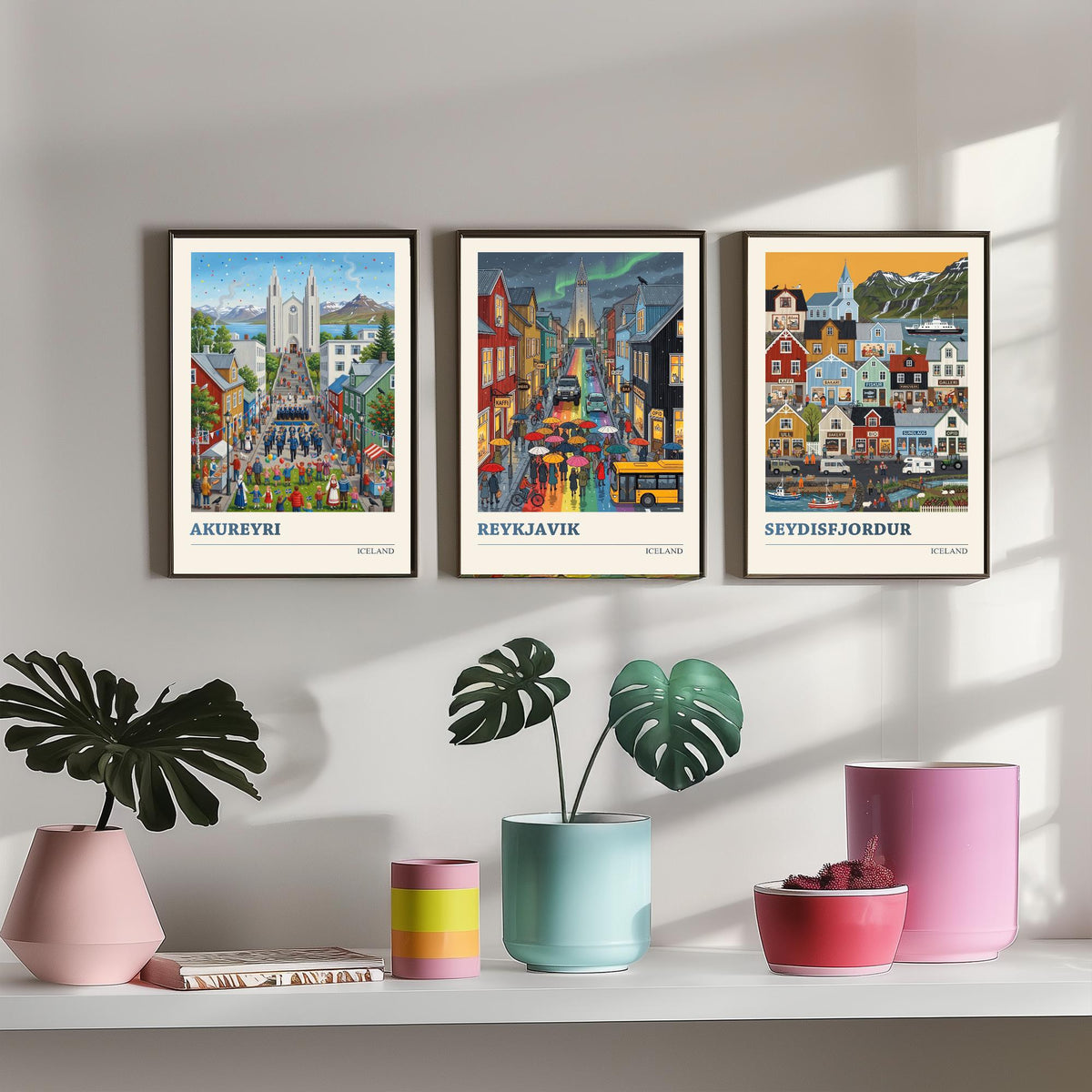 Iceland Set of Three Art Prints - Akureyri, Reykjavik, Seydisfjordur - 3 Colourful Folk Illustration Travel Posters - Nordic Painting
