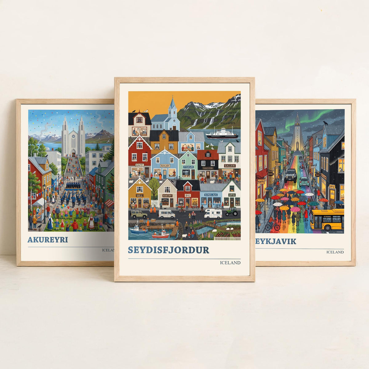 Iceland Set of Three Art Prints - Akureyri, Reykjavik, Seydisfjordur - 3 Colourful Folk Illustration Travel Posters - Nordic Painting