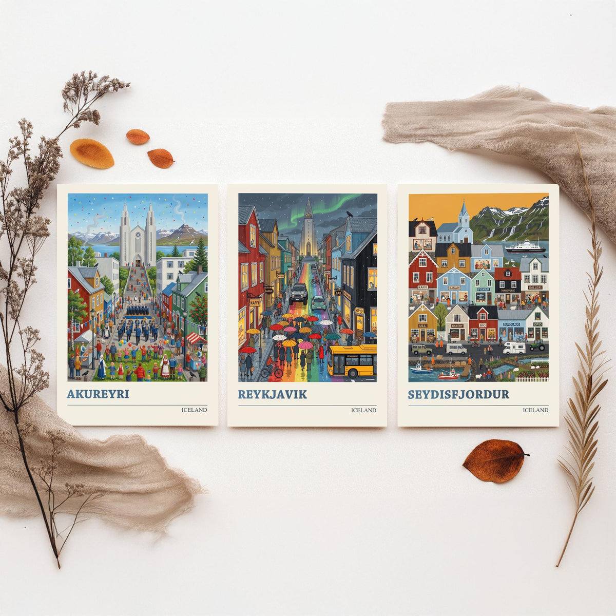 Iceland Set of Three Art Prints - Akureyri, Reykjavik, Seydisfjordur - 3 Colourful Folk Illustration Travel Posters - Nordic Painting