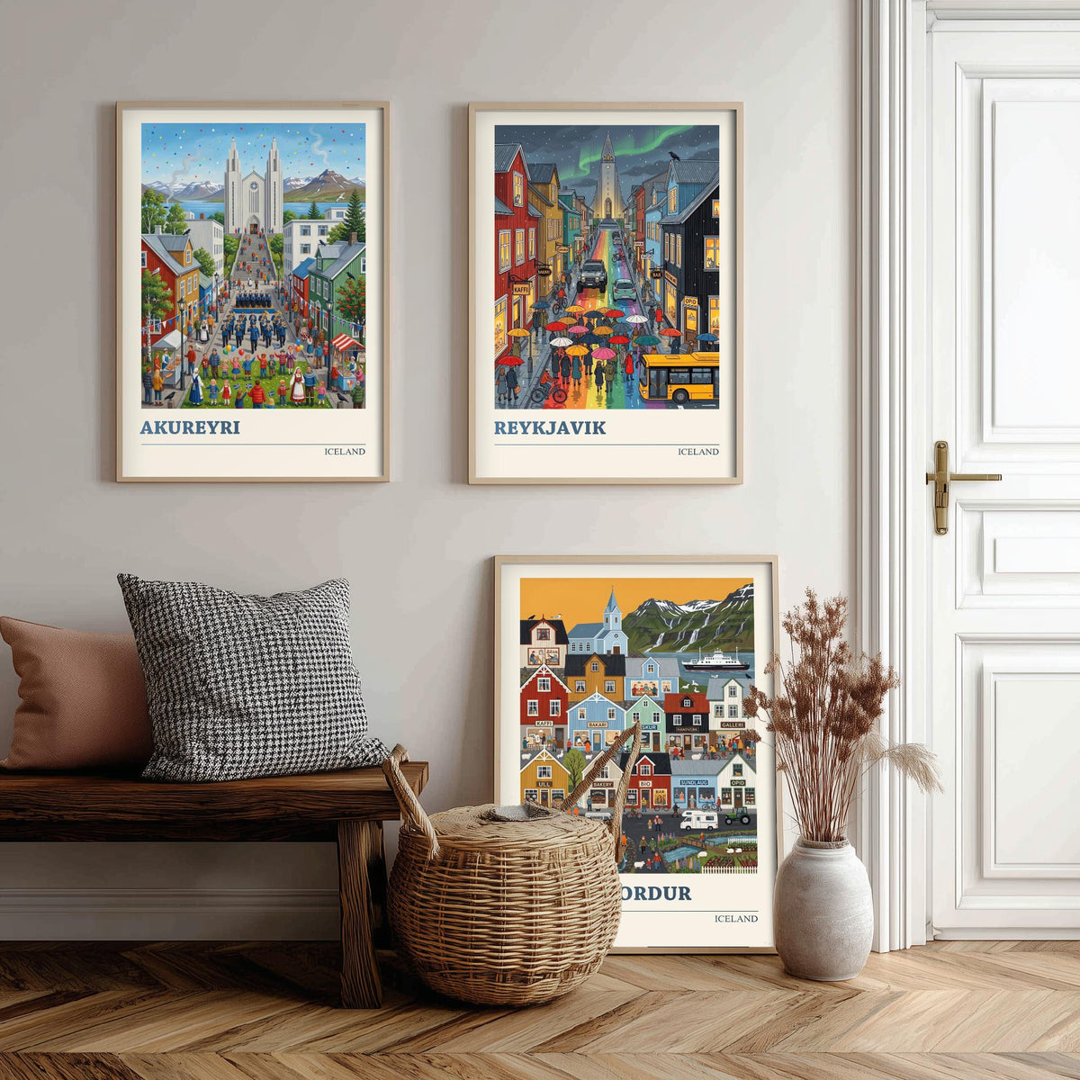 Iceland Set of Three Art Prints - Akureyri, Reykjavik, Seydisfjordur - 3 Colourful Folk Illustration Travel Posters - Nordic Painting