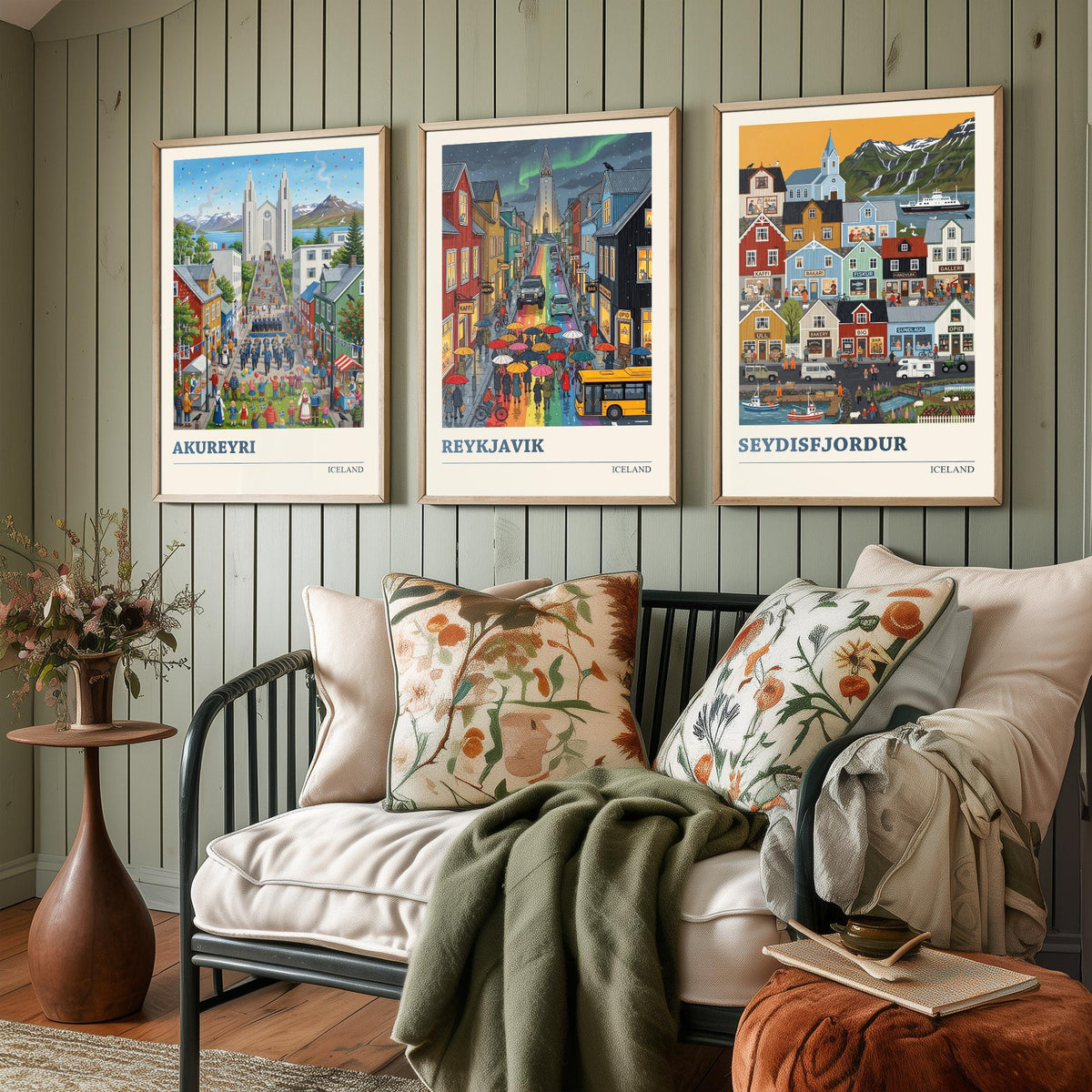 Iceland Set of Three Art Prints - Akureyri, Reykjavik, Seydisfjordur - 3 Colourful Folk Illustration Travel Posters - Nordic Painting