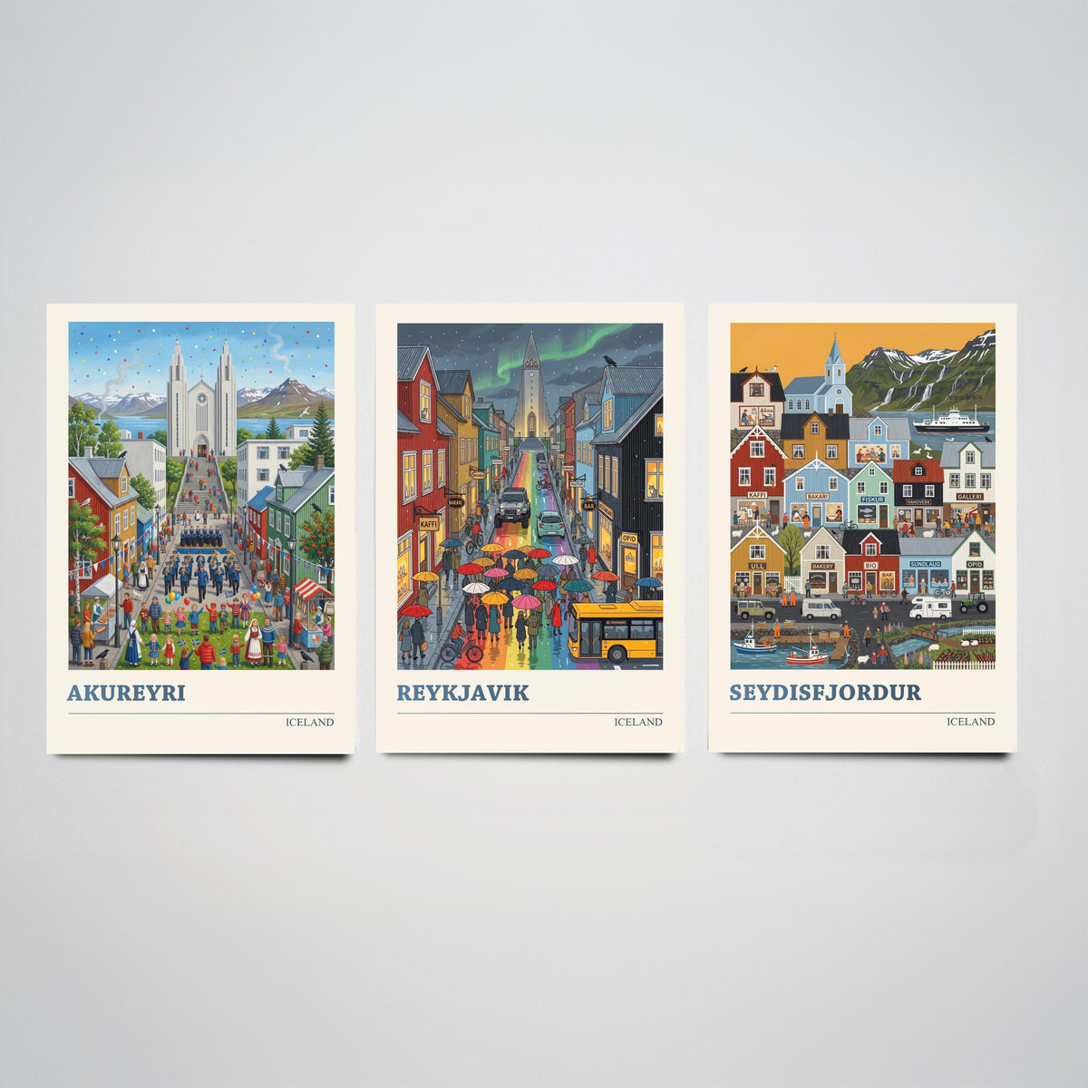Iceland Set of Three Art Prints - Akureyri, Reykjavik, Seydisfjordur - 3 Colourful Folk Illustration Travel Posters - Nordic Painting
