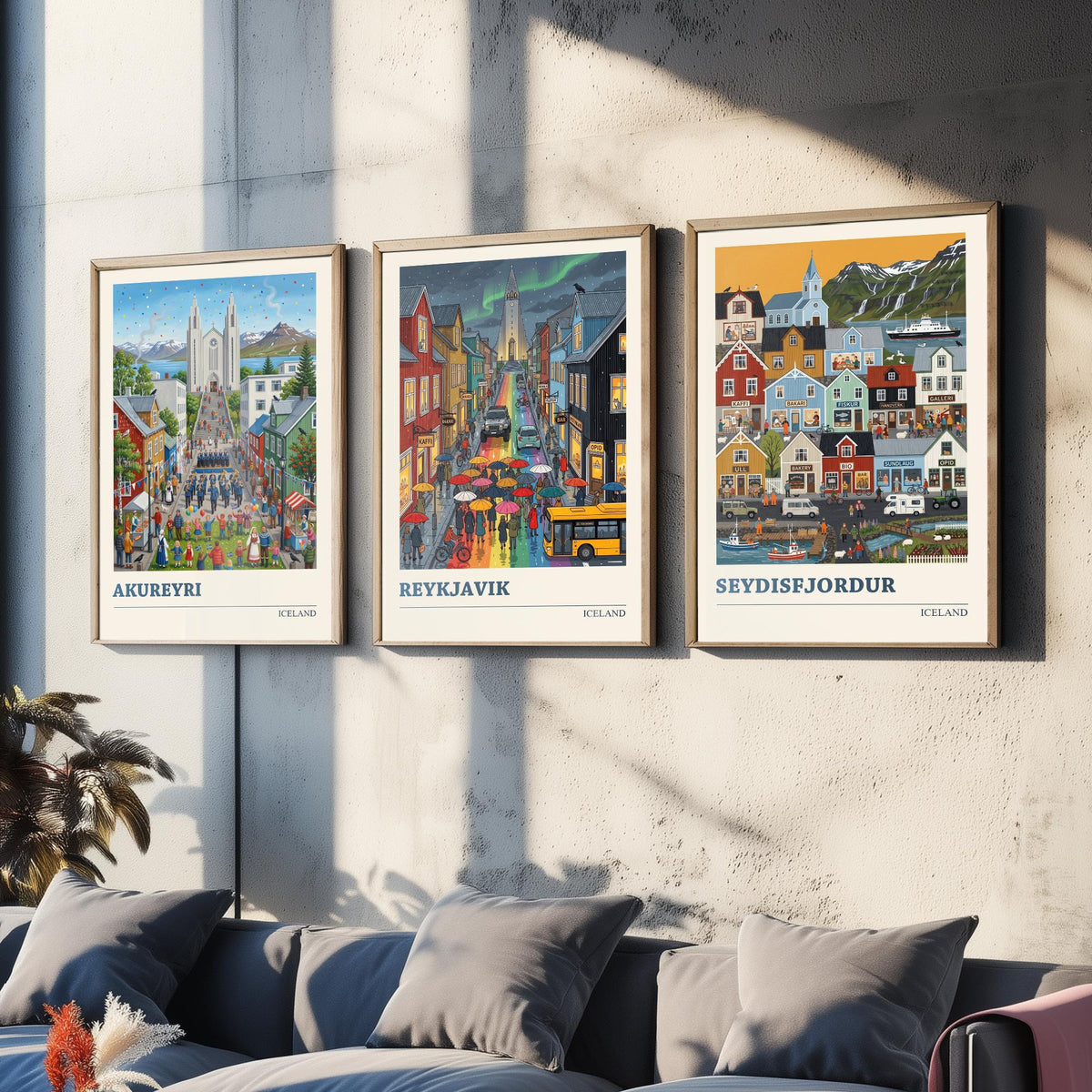 Iceland Set of Three Art Prints - Akureyri, Reykjavik, Seydisfjordur - 3 Colourful Folk Illustration Travel Posters - Nordic Painting