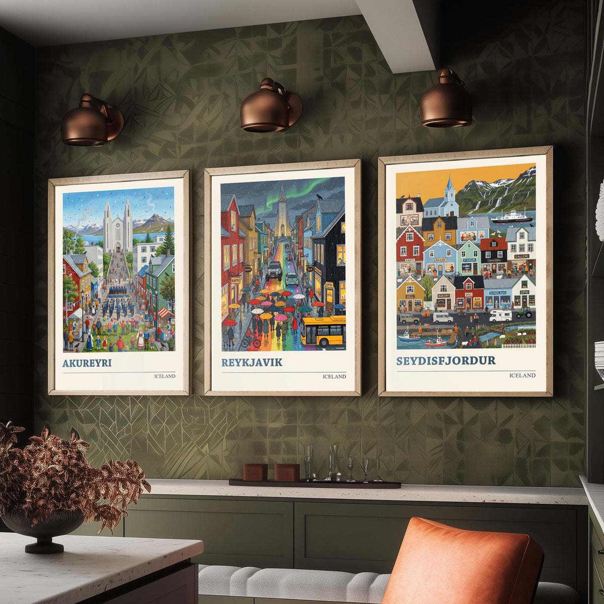 Iceland Set of Three Art Prints - Akureyri, Reykjavik, Seydisfjordur - 3 Colourful Folk Illustration Travel Posters - Nordic Painting