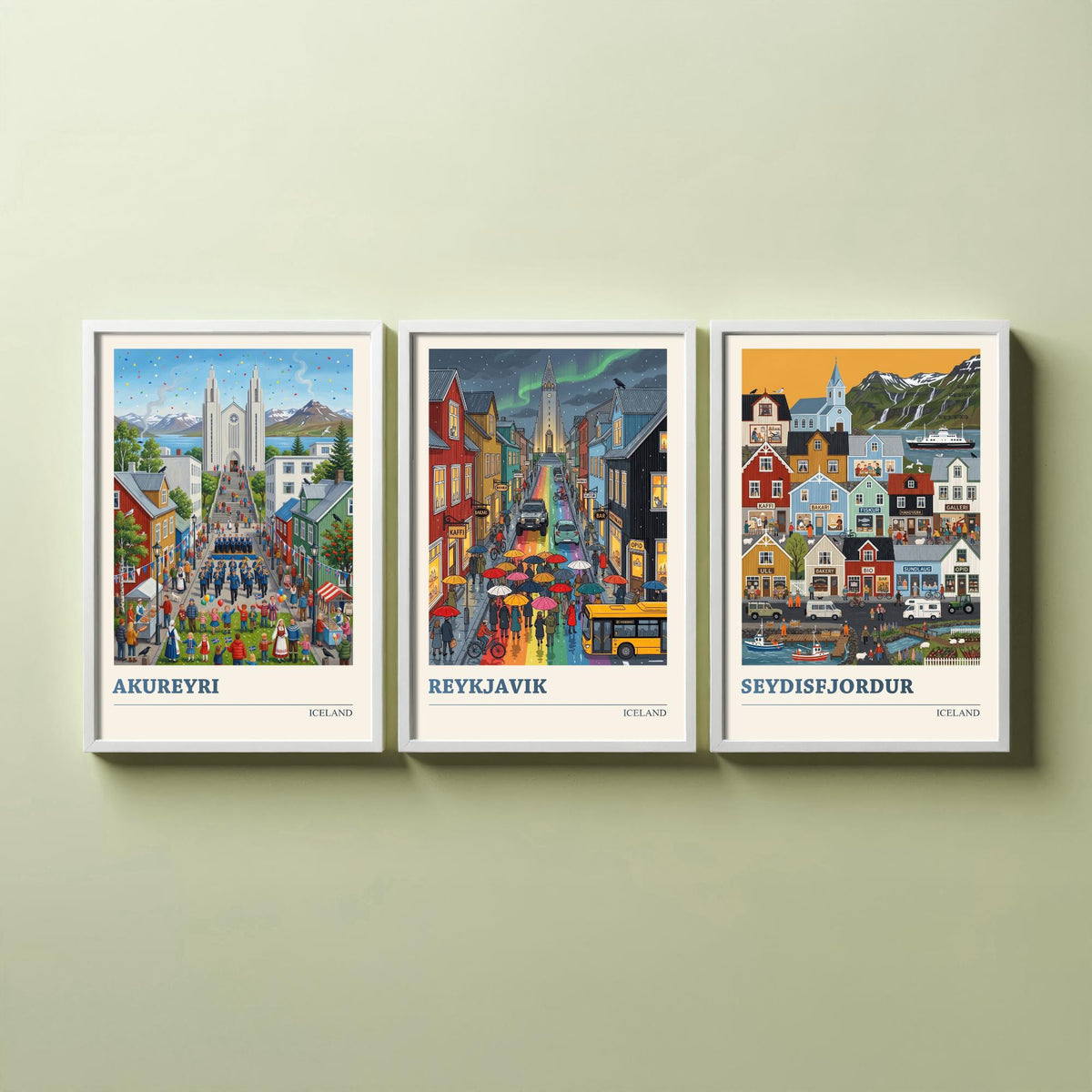 Iceland Set of Three Art Prints - Akureyri, Reykjavik, Seydisfjordur - 3 Colourful Folk Illustration Travel Posters - Nordic Painting