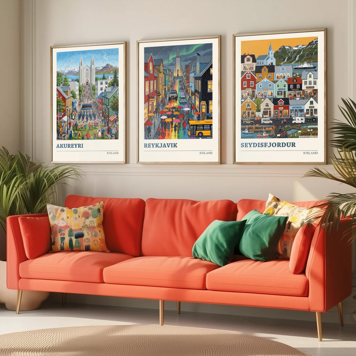 Iceland Set of Three Art Prints - Akureyri, Reykjavik, Seydisfjordur - 3 Colourful Folk Illustration Travel Posters - Nordic Painting
