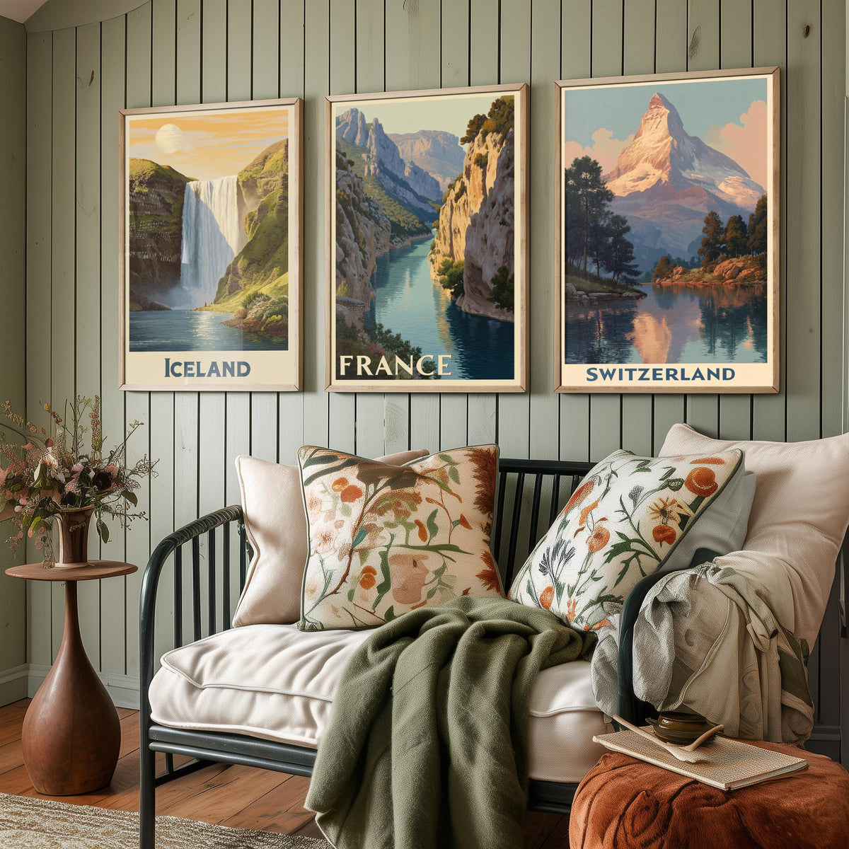 Europe Set of Three Travel Posters - Iceland France Switzerland - 3 Vintage Art Prints Mountain Illustration Gift Waterfall Matterhorn