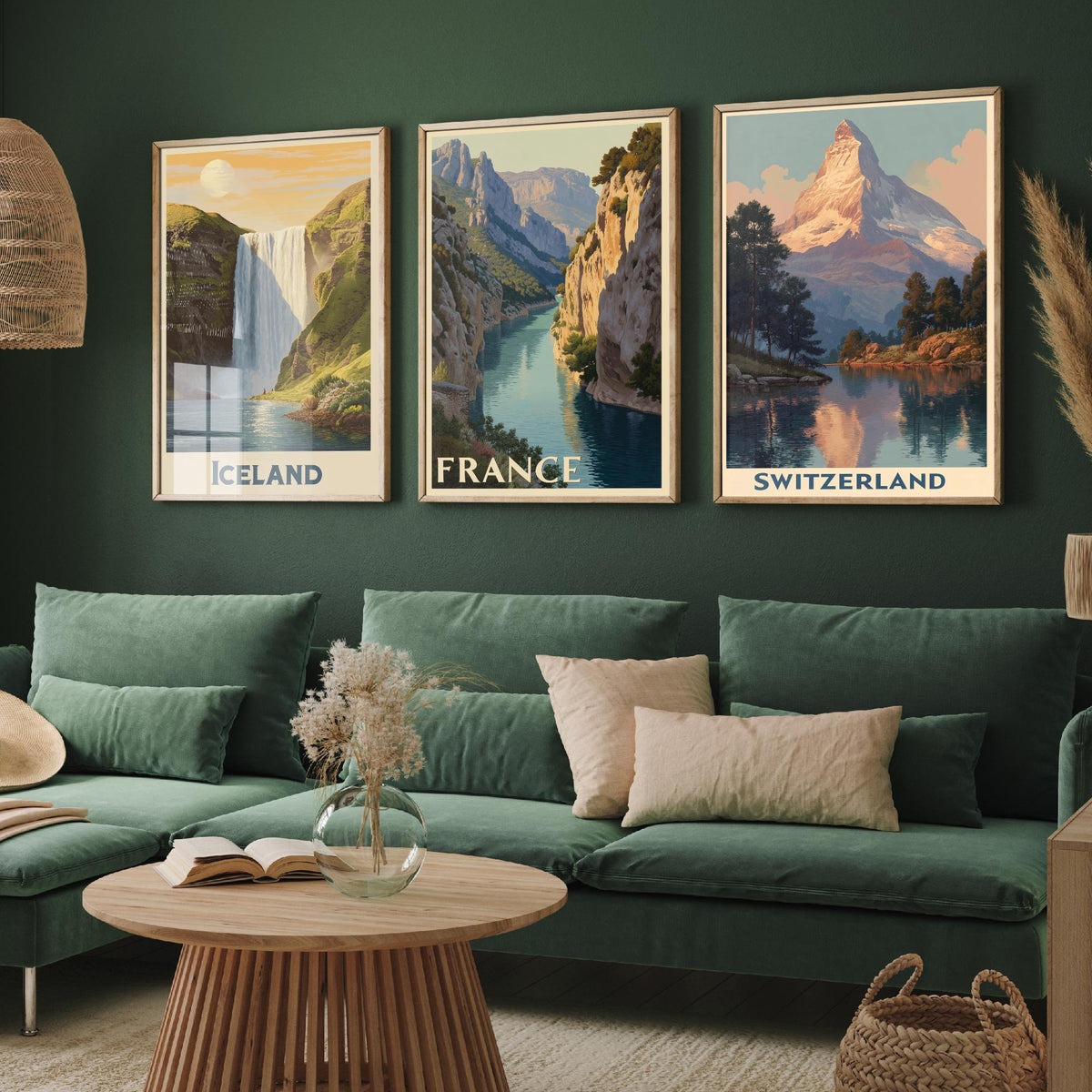 Europe Set of Three Travel Posters - Iceland France Switzerland - 3 Vintage Art Prints Mountain Illustration Gift Waterfall Matterhorn