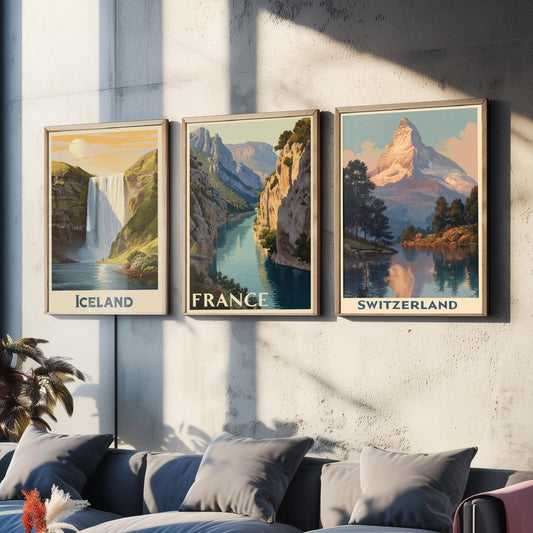 Europe Set of Three Travel Posters - Iceland France Switzerland - 3 Vintage Art Prints Mountain Illustration Gift Waterfall Matterhorn