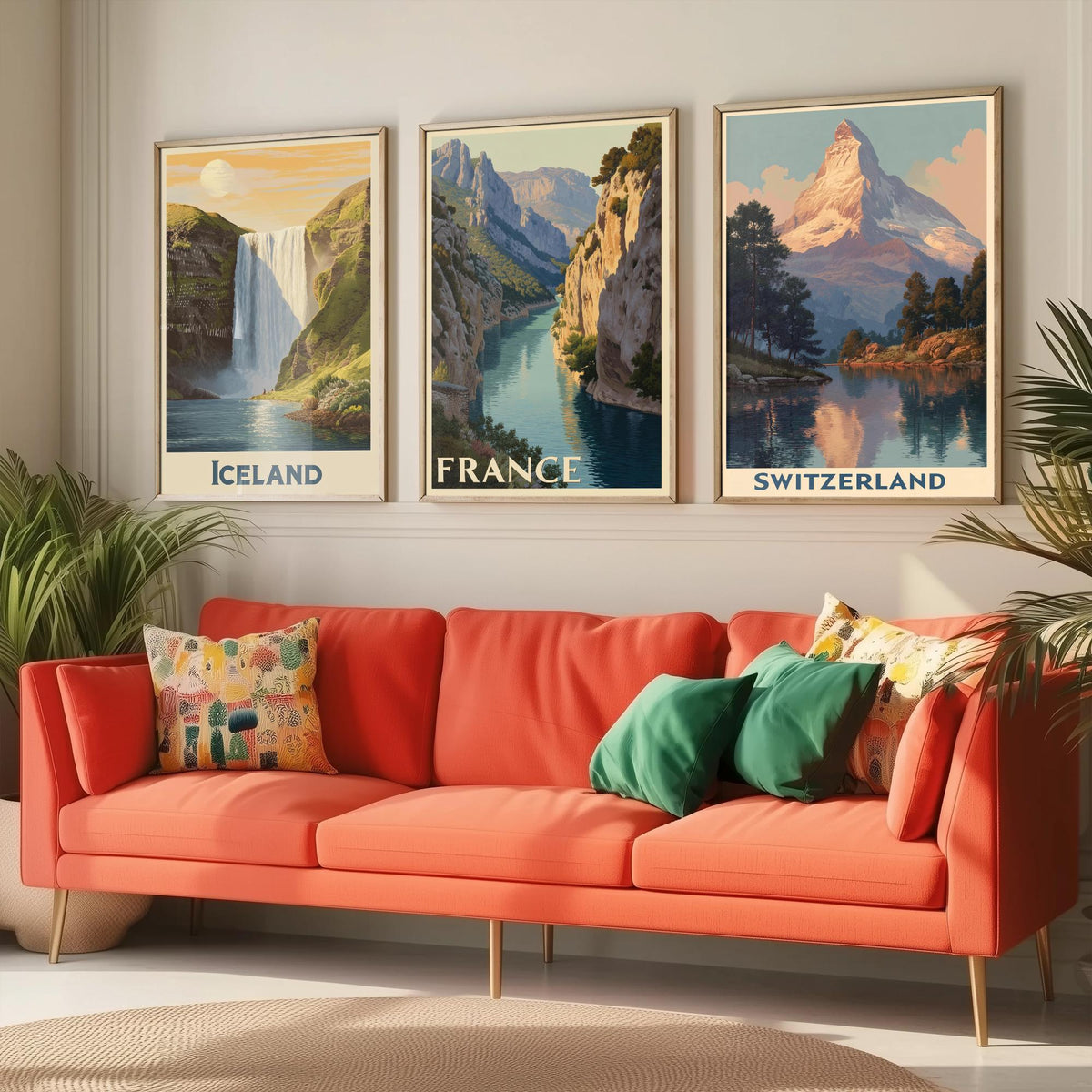Europe Set of Three Travel Posters - Iceland France Switzerland - 3 Vintage Art Prints Mountain Illustration Gift Waterfall Matterhorn